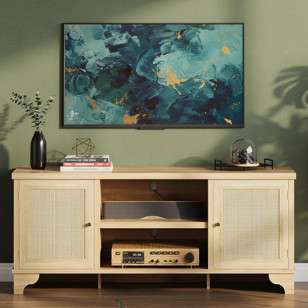 GARVEE - Boho TV Stand, with 2 Cabinets & Open Shelf - Natural
