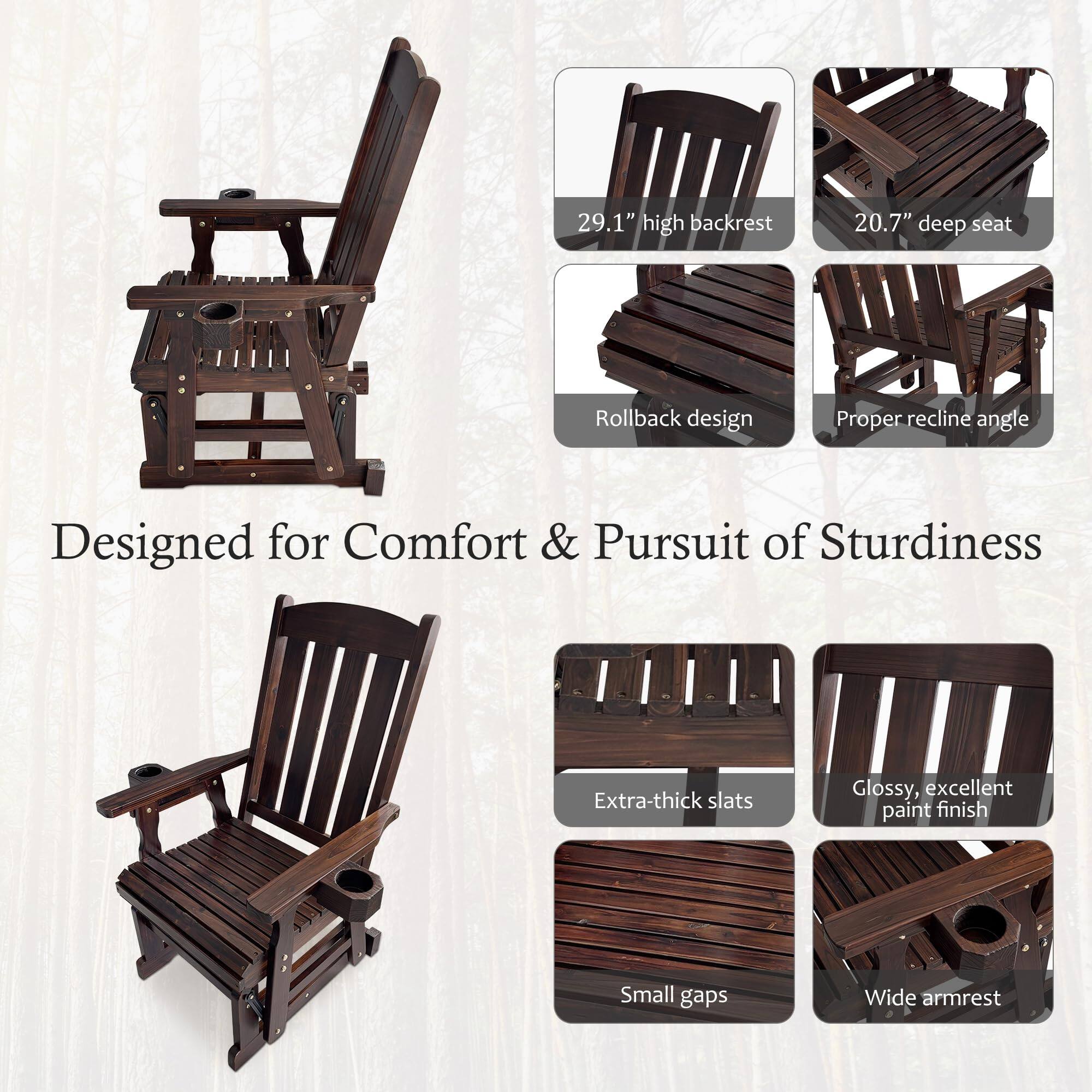 29.1" high backrest  
20.7" deep seat  
Rollback design  
Proper recline angle  
Extra-thick slats  
Glossy, excellent paint finish  
Small gaps  
Wide armrest  

Designed for Comfort & Pursuit of Sturdiness