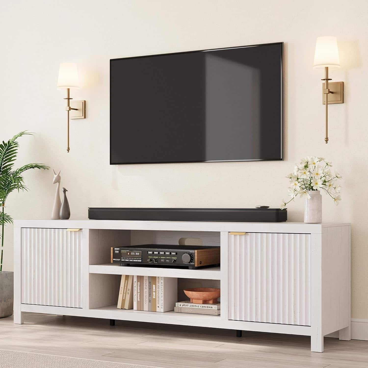 GARVEE - Fluted TV Stand for 80 Inch TV, Modern Entertainment Center with Storage - White