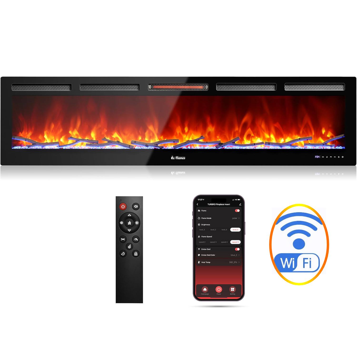 Front. Qeetex - 72 Inch Electric Fireplace Heater WIFI & Alexa Recessed & Wall Mounted Fireplace 750/1500w.