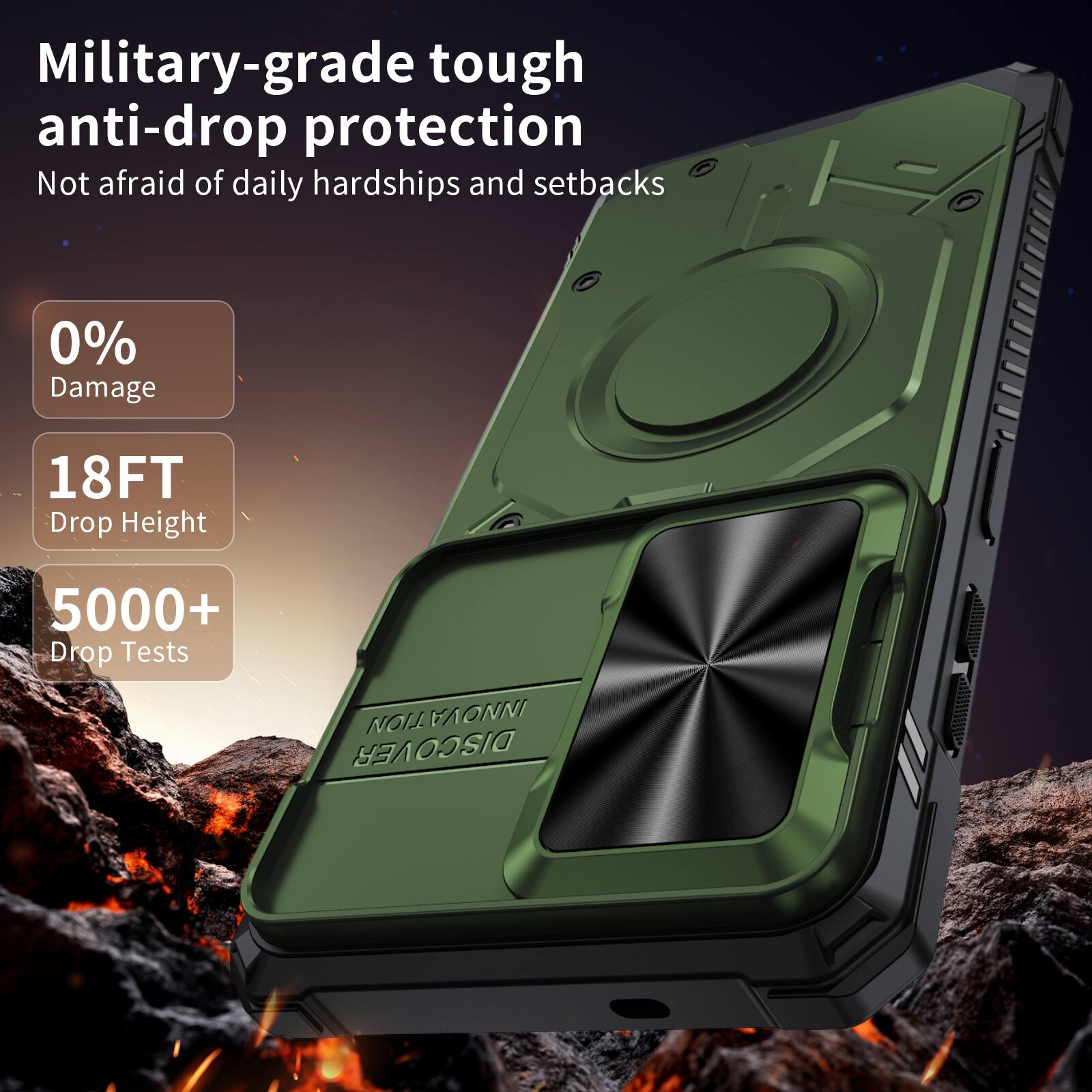 Military-grade tough anti-drop protection  
Not afraid of daily hardships and setbacks  
0% Damage  
18FT Drop Height  
5000+ Drop Tests  
NOL INNOVA DISCOVER
