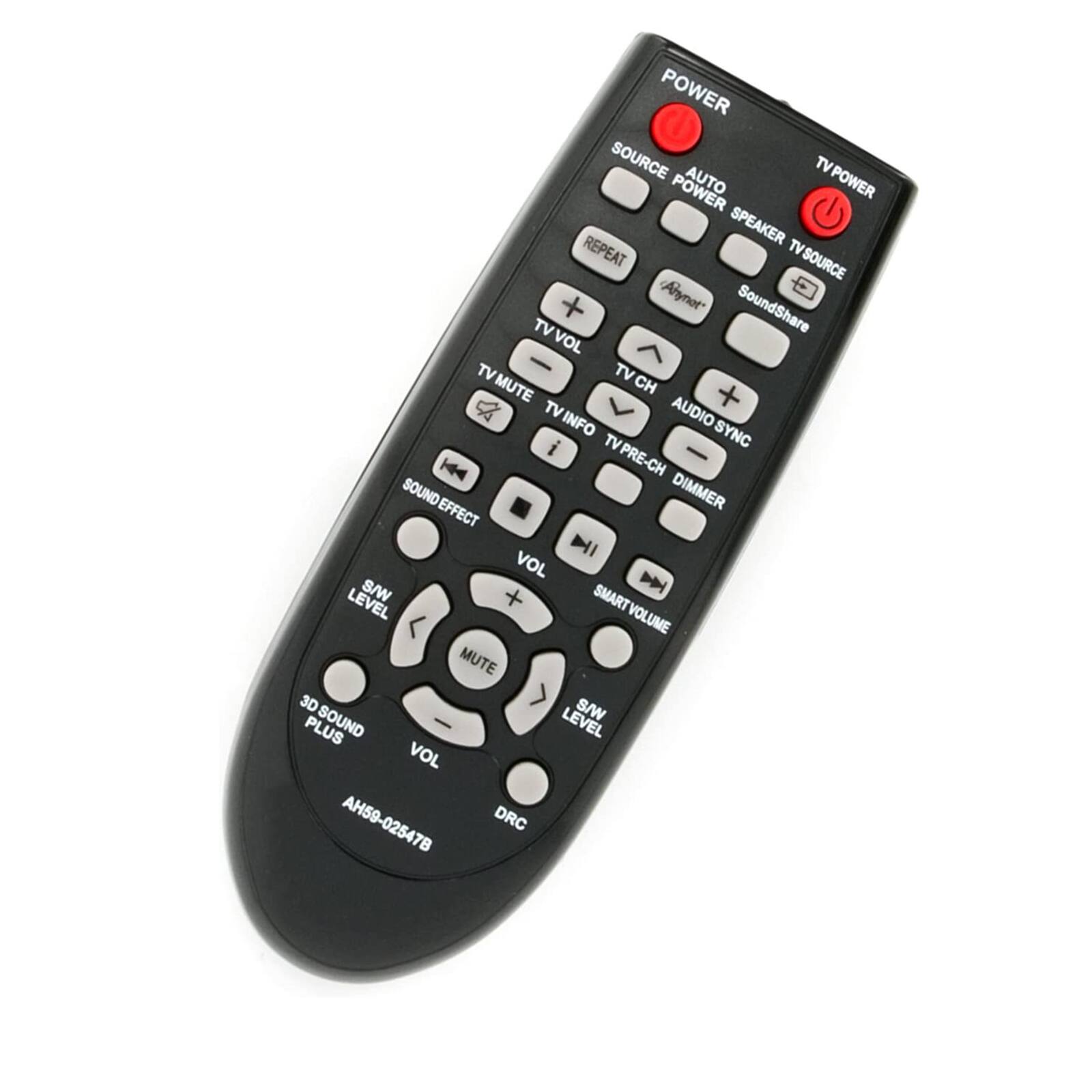POWER  
SOURCE POWER AUTO SPEAKER TVSOURCE  
TV POWER  
REPEAT  
Ahynot* SoundShare  
TV VOL  
TV CH  
TV INFO  
TV PRE-CH  
TV MUTE  
AUDIO SYNC  
DIMMER  
SMART VOLUME  
SOUND EFFECT  
VOL  
MUTE  
3D SOUND PLUS  
S/W LEVEL  
VOL  
DRC  
AH59-02547B