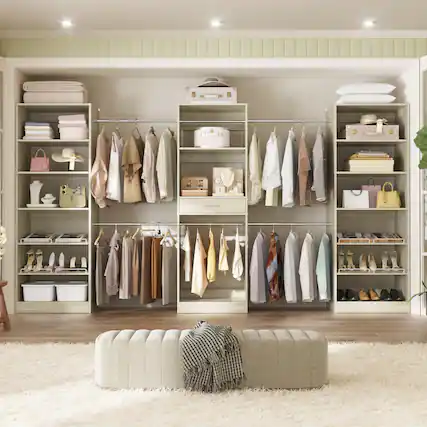 Front. Aheaplus - 146'' Closet System 3-Piece Set, Wardrobe System with Hanging Rods, Drawer and Adjustable Shelves - Beige Oak.