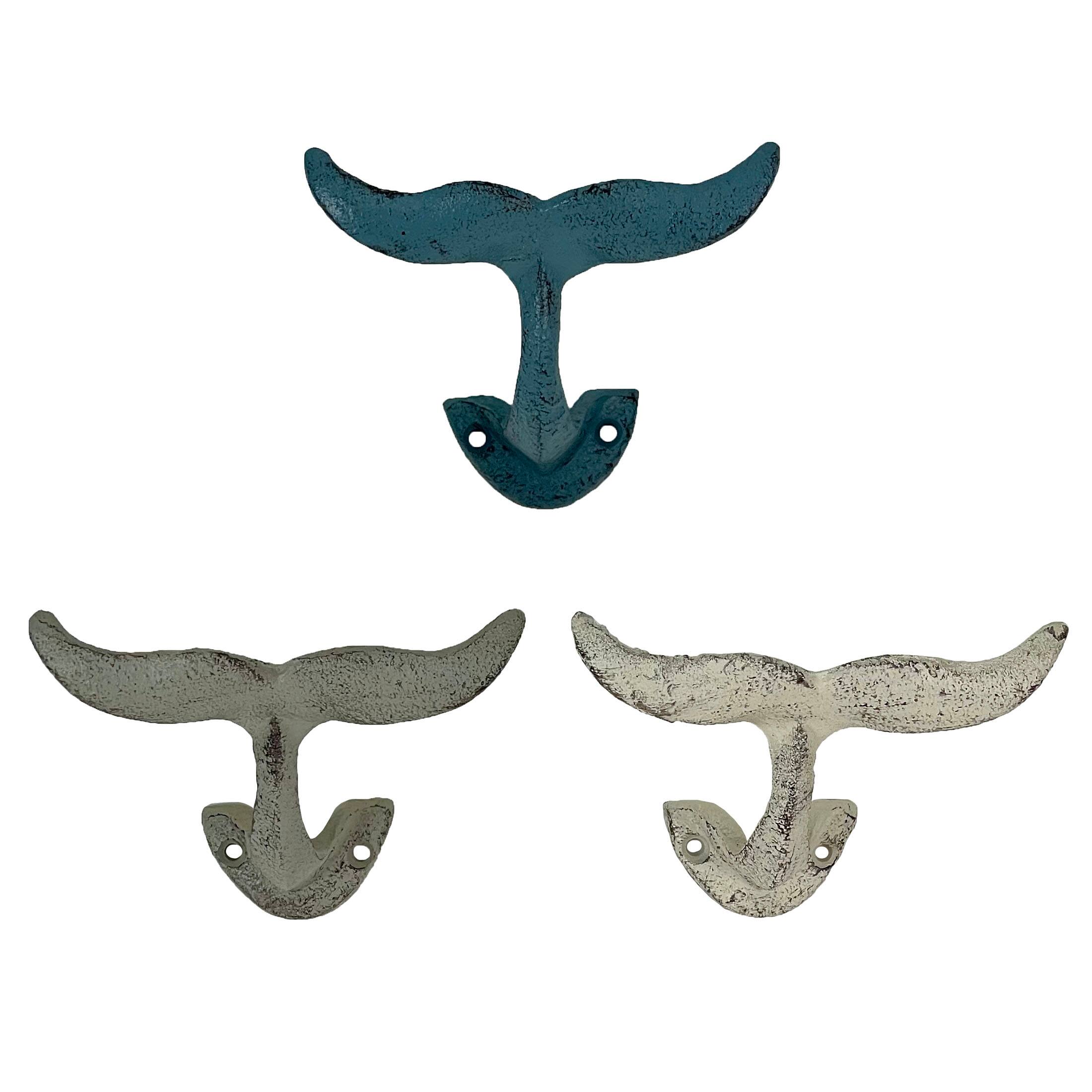 Alt View 1. Zeckos - Set of 3 Cast Iron Nautical Whale Tale Wall Hooks - Multicolored.