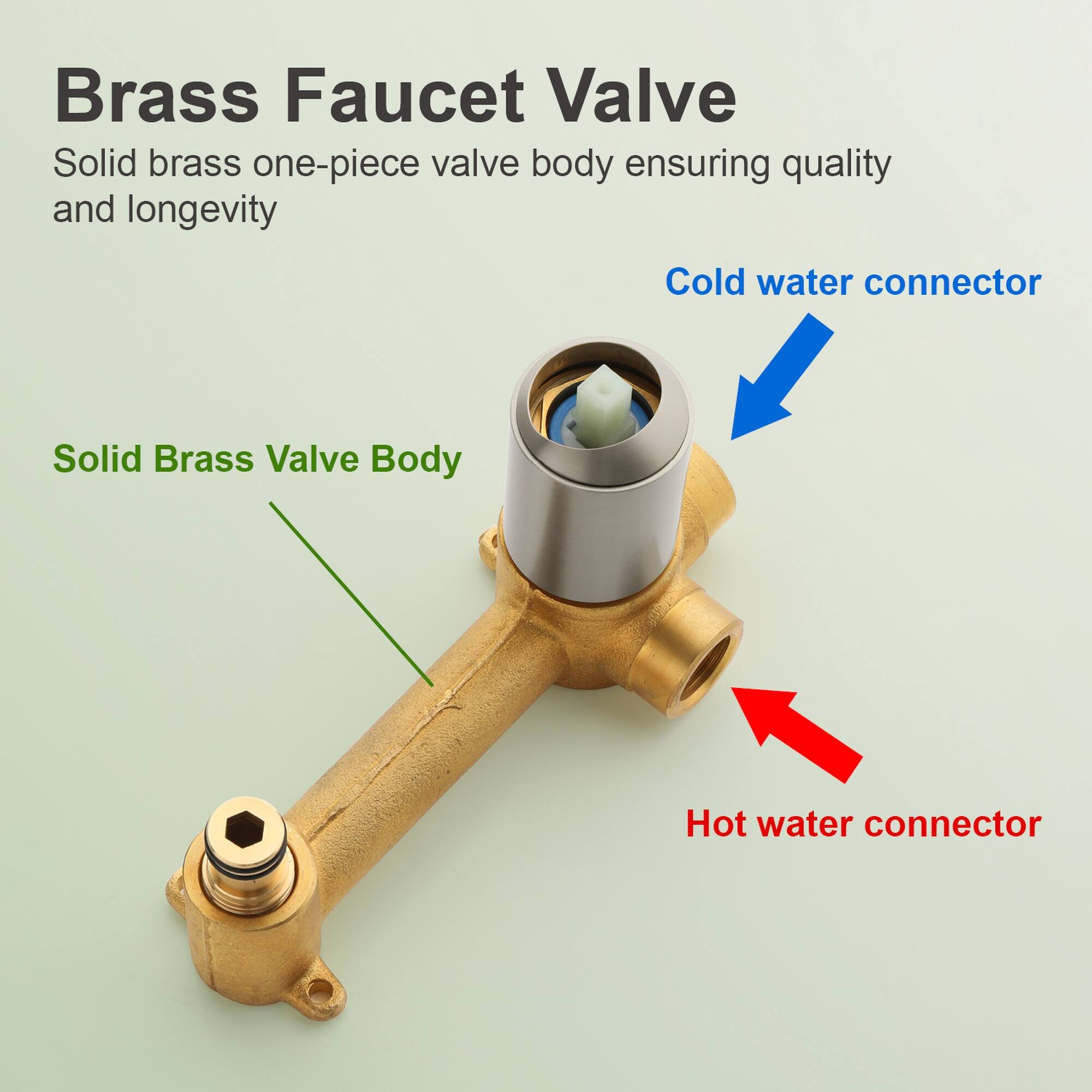 Brass Faucet Valve  
Solid brass one-piece valve body ensuring quality and longevity  

- Solid Brass Valve Body  
- Cold water connector  
- Hot water connector