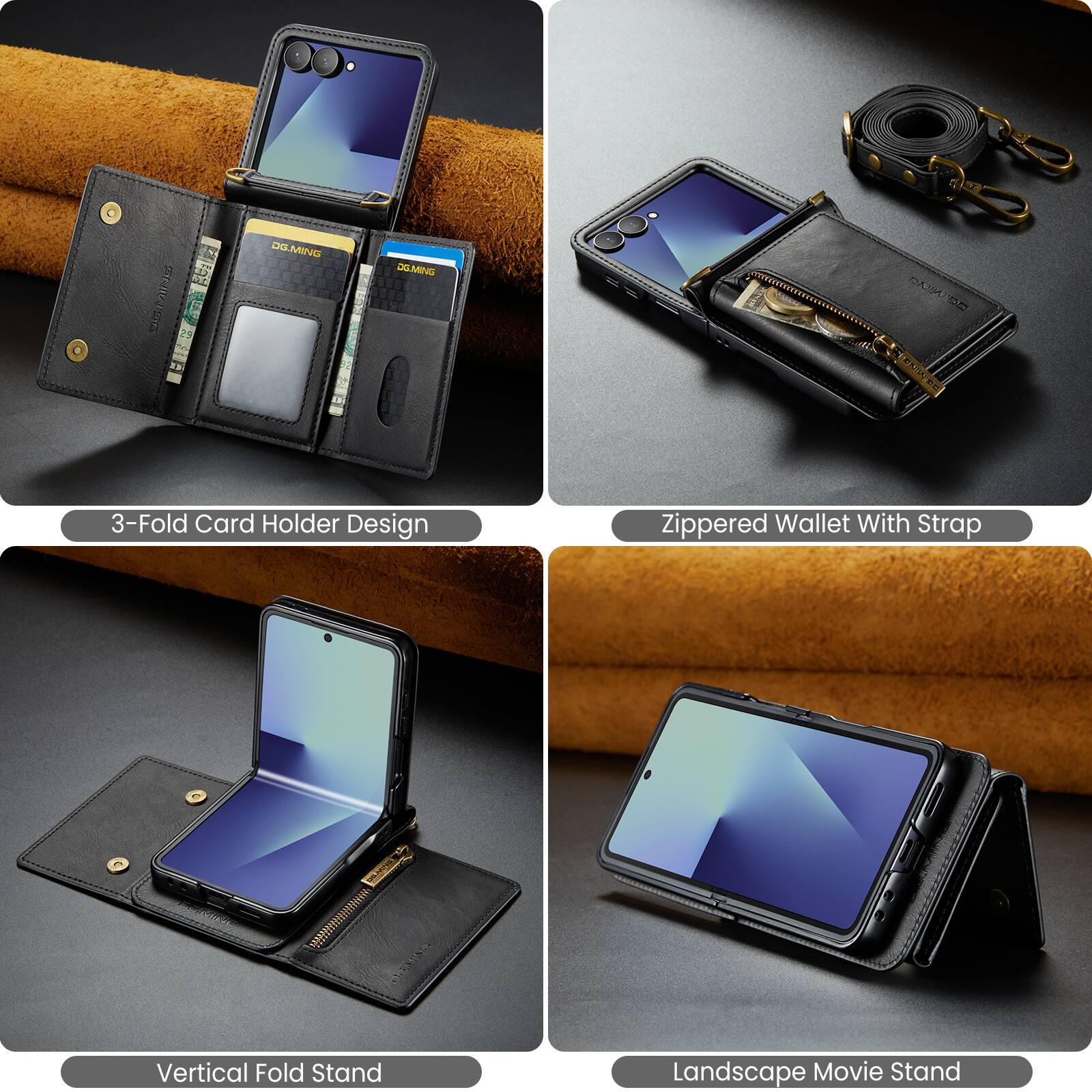 1 E 1 SIND Pans at 29 Ms DVIMLDG in DGLMING BATDA WE 3-Fold Card Holder Design Zippered Wallet With Strap Vertical Fold Stand Landscape Movie Stand