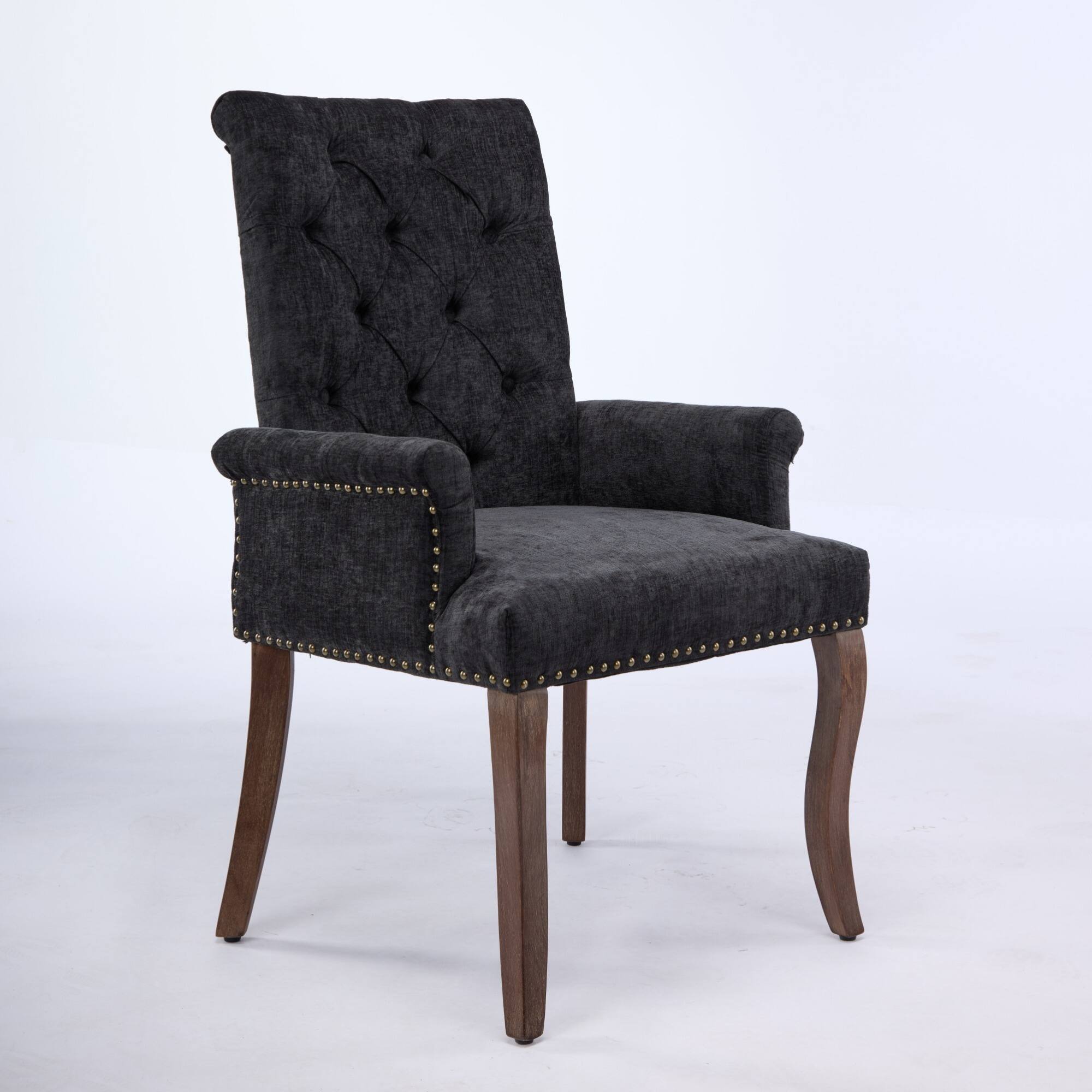 Back. GOODSILO - Upholstered Tufted Accent Dining Chair with Curved Wood Legs and Chenille Fabric in Neutral Beige - Black.