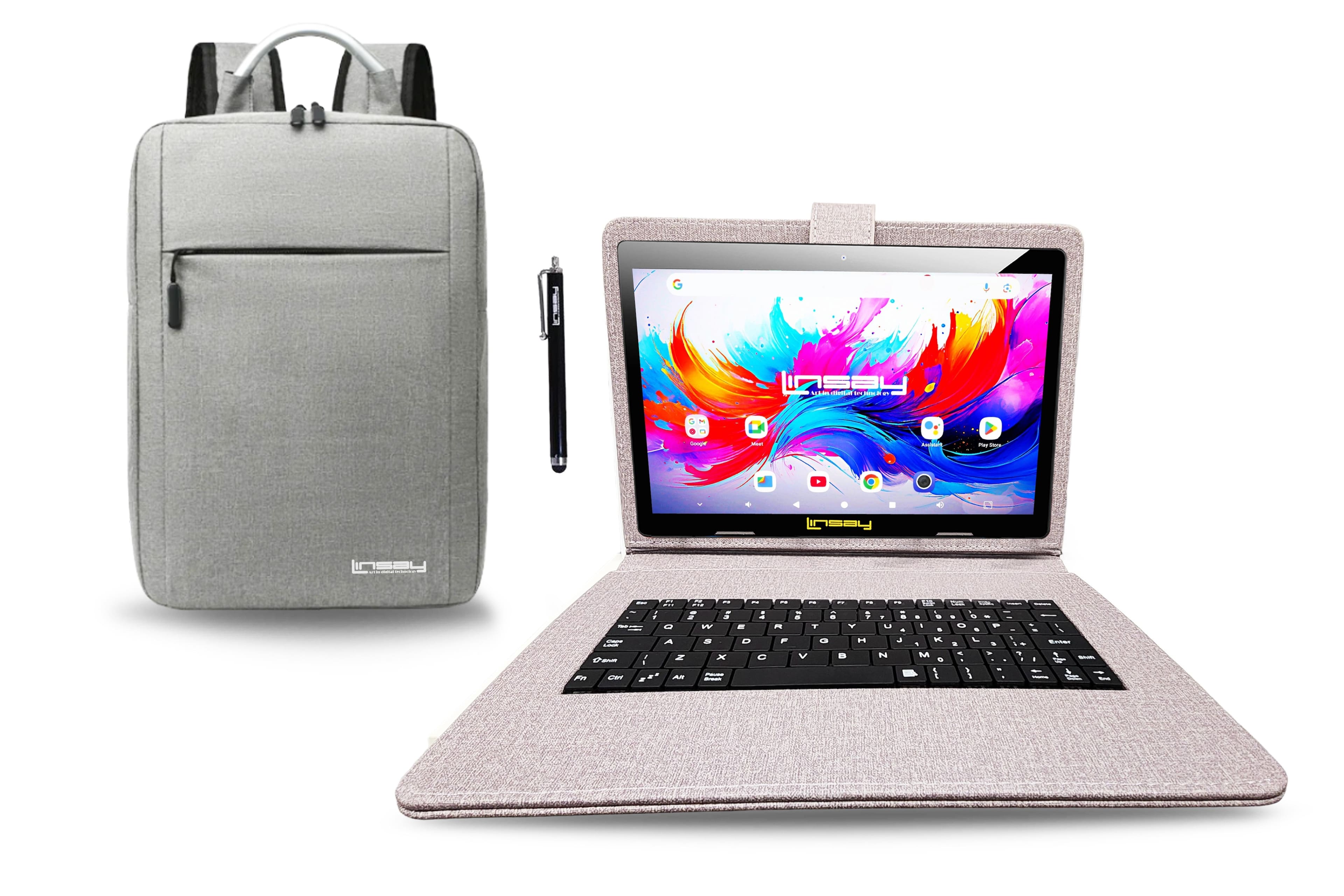 LINSAY - 10.1" Octa Core 256GB Storage Android 15 with Designer Cloth Keyboard Case and Stylish Backpack and Pen Stylus - Purple