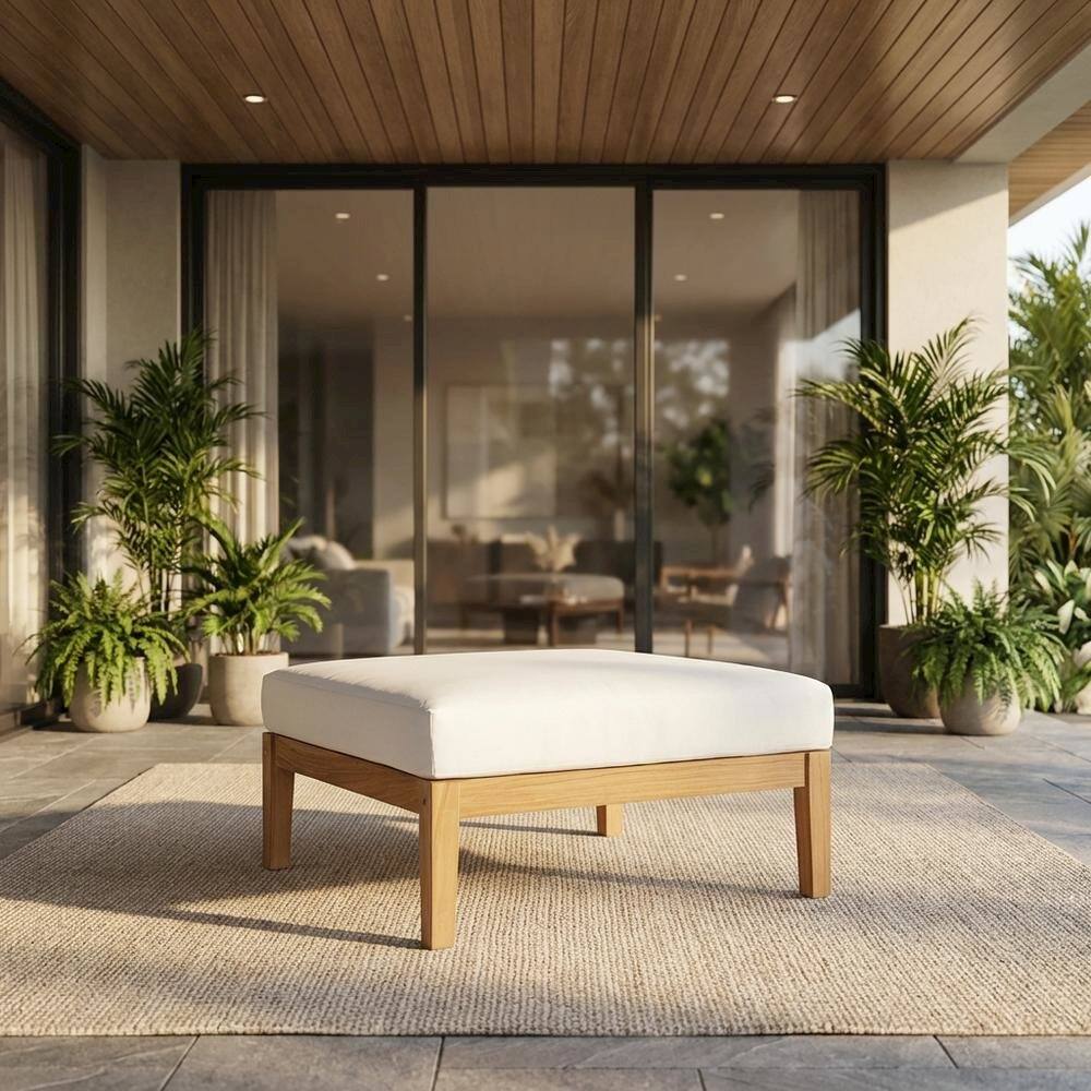 Angle. Outdoor Escape - Teak Outdoor Ottoman with Stylish Design and Durable Construction - White.
