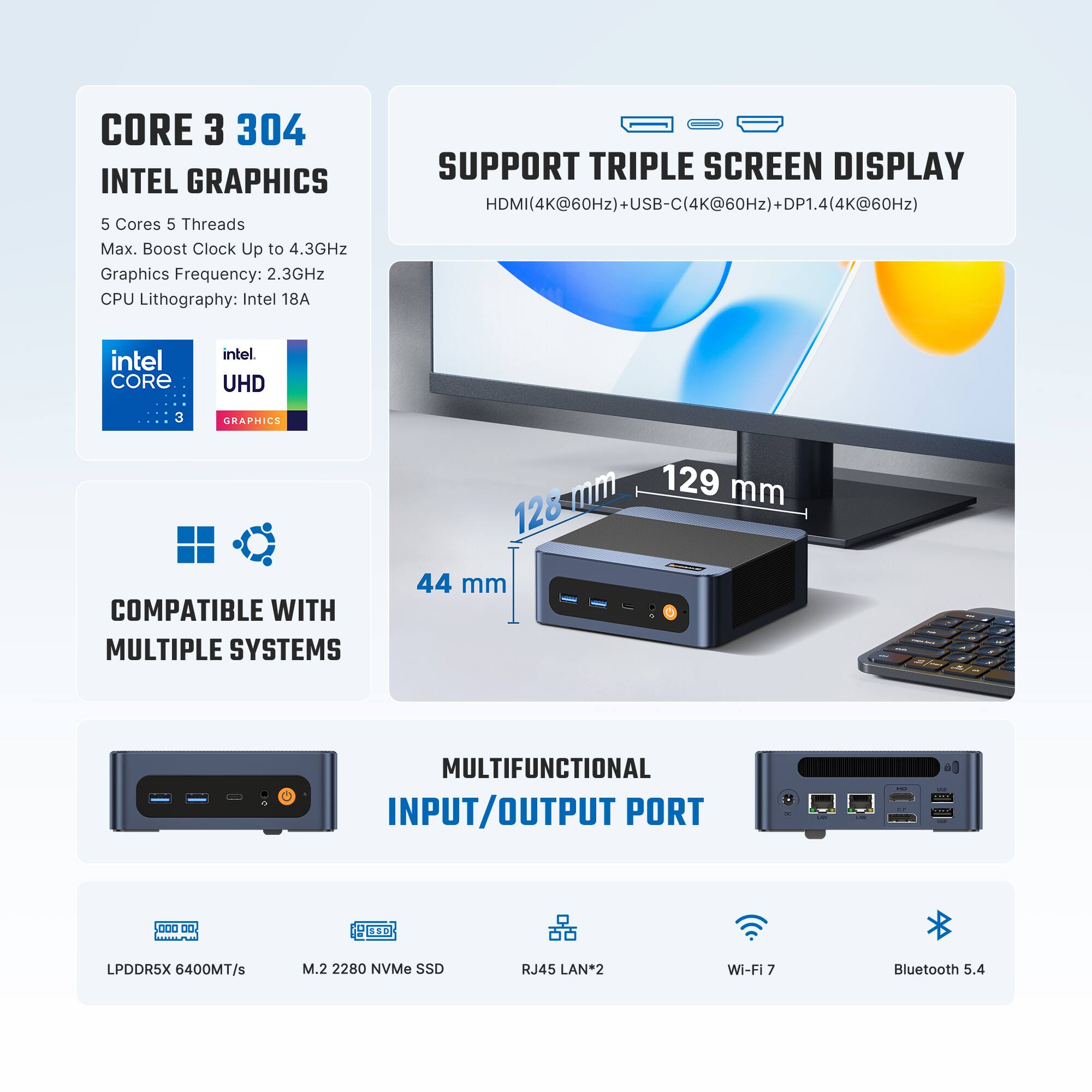 CORE 3 304  
SUPPORT TRIPLE SCREEN DISPLAY  
INTEL GRAPHICS (2409M()4)+(D+(ZH09@Kv))-B+(ZH099(2)14)10H  
5 Cores 5 Threads  
Max. Boost Clock Up to 4.3GHz  
Graphics Frequency: 2.3GHz  
CPU Lithography: Intel 18A  

intel CORE  
intel UHD  
3 GRAPHICS  

129 mm  
COMPATIBLE WITH MULTIPLE SYSTEMS  
44 mm  

MULTIFUNCTIONAL INPUT/OUTPUT PORT  

LPDDR5X 6400MT/s  
M.2 2280 NVMe SSD  
RJ45 LAN*2  
Wi-Fi 7  
Bluetooth 5.4