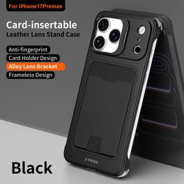 Dteck - Frameless Slim Wallet Case for Apple iPhone 17 Pro Max with Integrated Alloy Lens Stand, RFID Blocking Card Holder Cover - Black