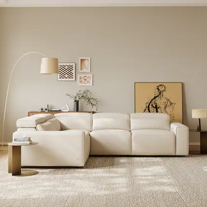 Front. POVISON - 111" Minimalist Power Recliner Sectional Sofa, 2 Deep Seat 90°-145° , Waterproof, L-shaped Pet-friendly Couches, Black - Beige Sustainable Leather.