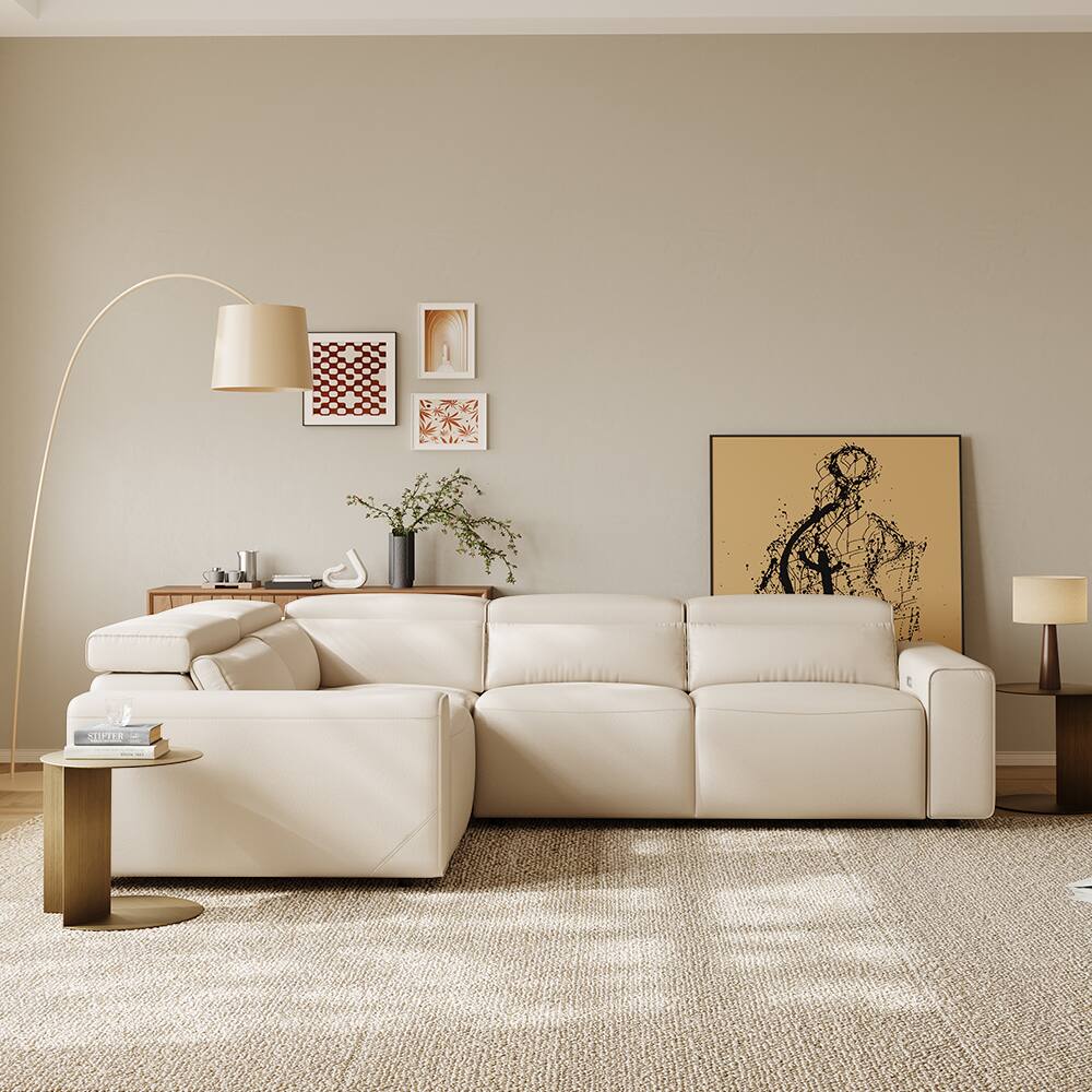 Front. POVISON - 111" Minimalist Power Recliner Sectional Sofa, 2 Deep Seat 90°-145° , Waterproof, L-shaped Pet-friendly Couches, Black - Beige Sustainable Leather.
