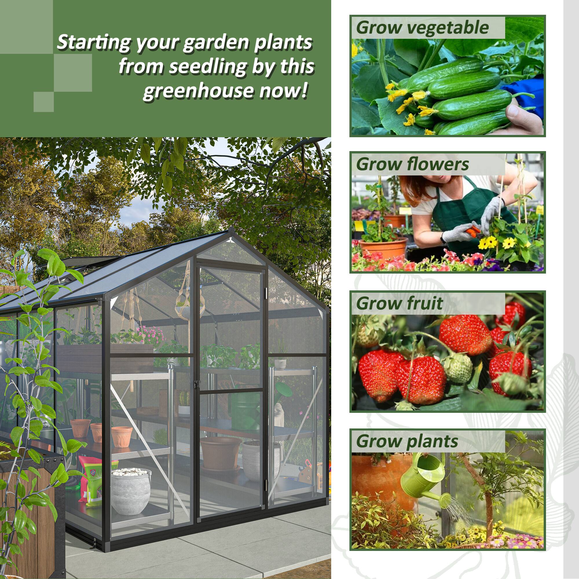 Starting your garden plants from seedling by this greenhouse now!  
Grow vegetable  
Grow flowers  
Grow fruit  
Grow plants