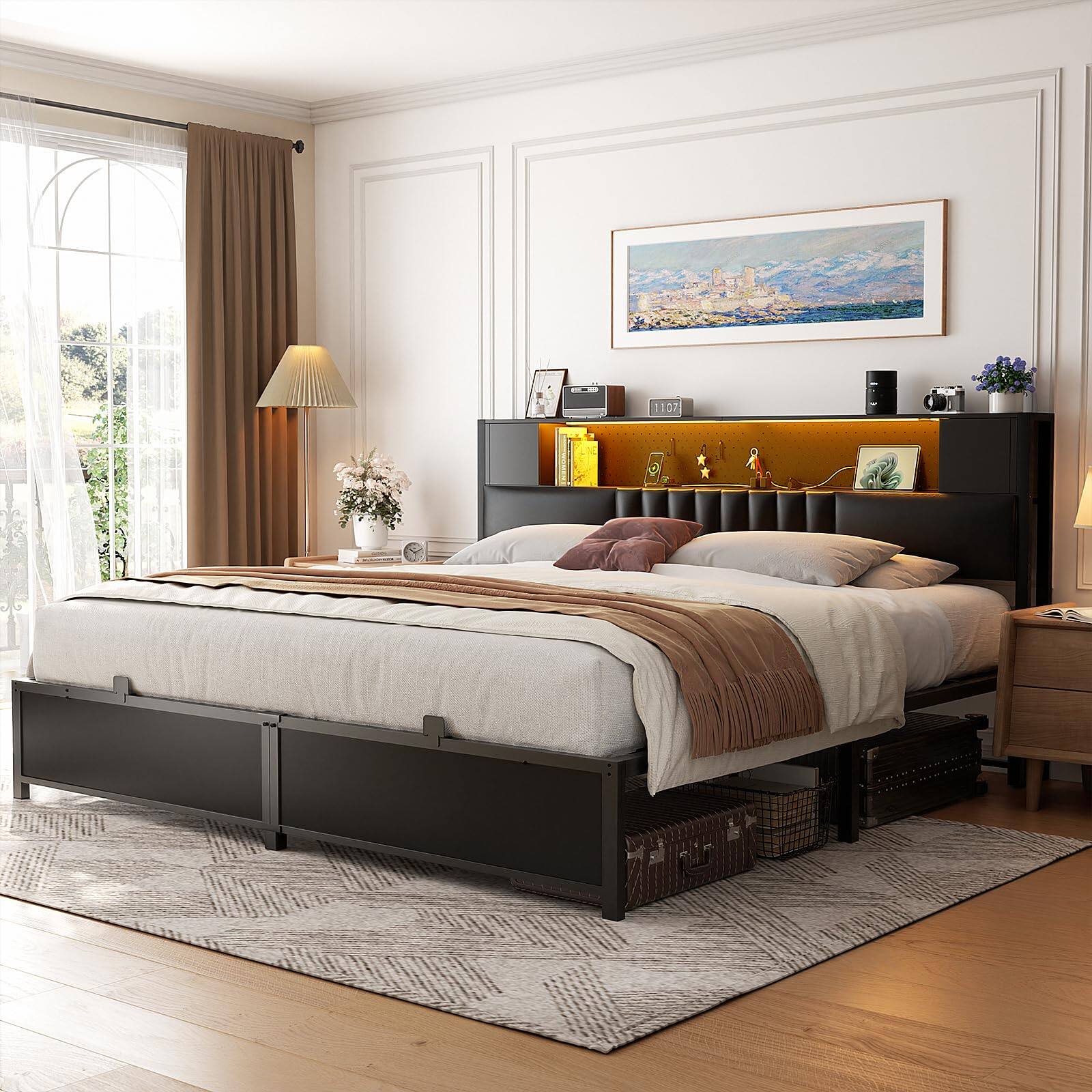 Back. Aheaplus - Modern Bed Frame: Power Outlet & LED Lights, Headboard Storage, Quiet Support - Black.