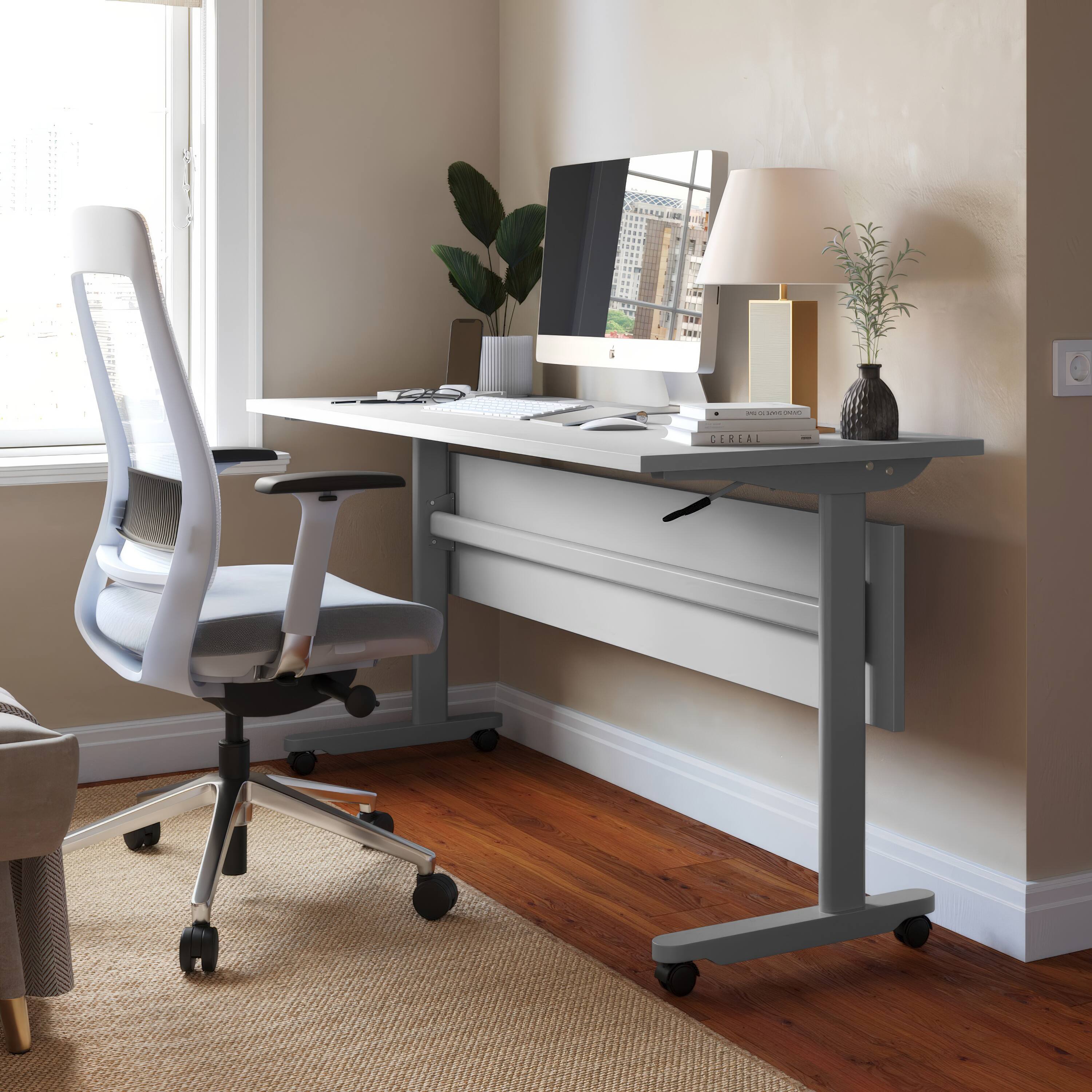 Alt View 1. Emma + Oliver - Hahn Heavy-Duty Flip Top Training Table with Nesting Design, Privacy Panel, T-Legs, Tabletop, Metal Frame - Gray Top/Gray Frame.