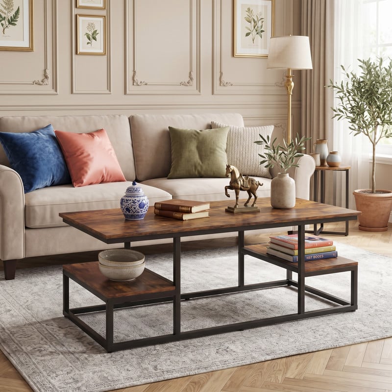 WELLFOR - 43" Industrial Coffee Table with Storage and Open Shelves, Rectangle Wood Living Room Center Table Cocktail Tea Table - Rustic Brown