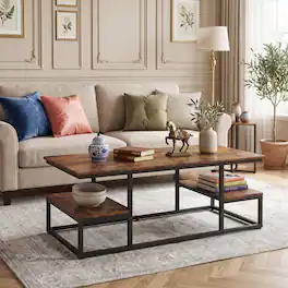 WELLFOR - 43" Industrial Coffee Table with Storage and Open Shelves, Rectangle Wood Living Room Center Table Cocktail Tea Table - Rustic Brown