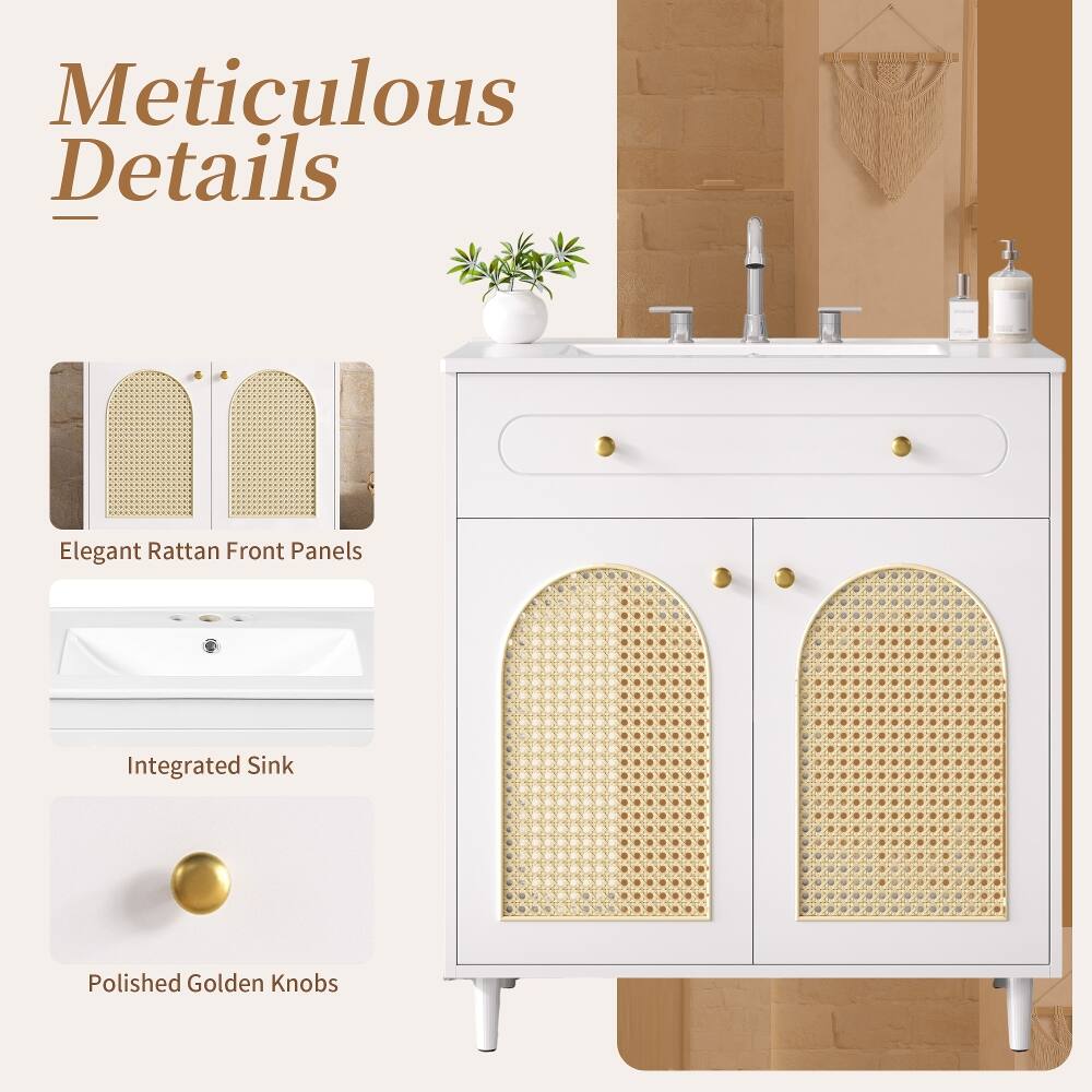 Meticulous Details  
Elegant Rattan Front Panels  
Integrated Sink  
Polished Golden Knobs