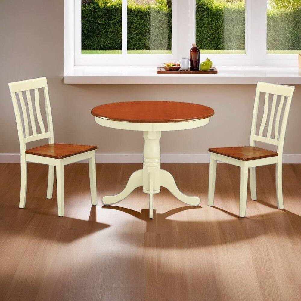 Back. FurniFact - Elegant 3-Piece High Top Table and Chairs Set – White and Brown Finish - Buttermilk & Cherry.