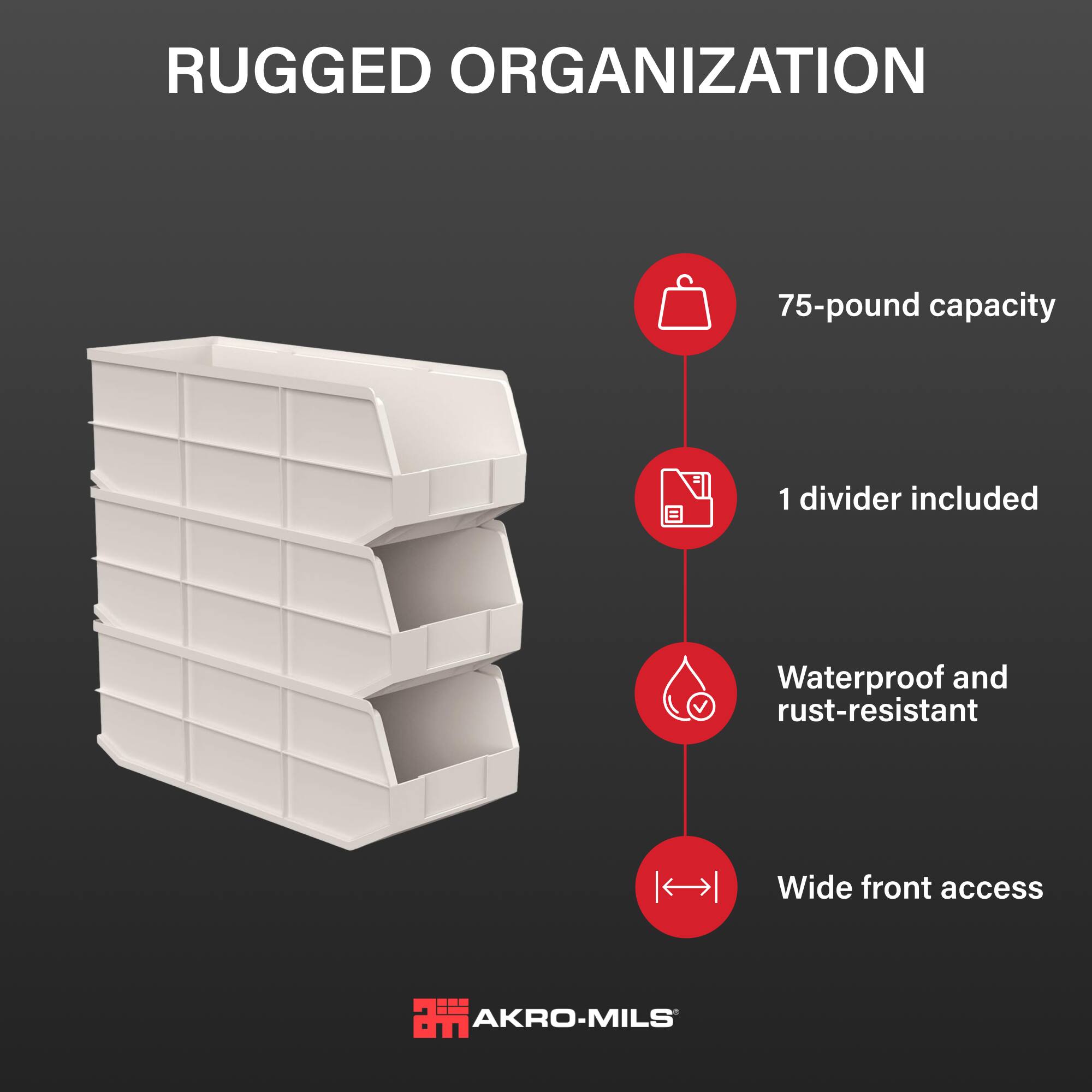 RUGGED ORGANIZATION

- 75-pound capacity
- 1 divider included
- Waterproof and rust-resistant
- Wide front access

AKRO-MILS