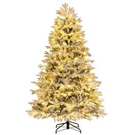 Costway - 7 FT Pre-Lit Christmas Tree Snow Flocked Hinged Xmas Decoration with 450 Lights - Green/White