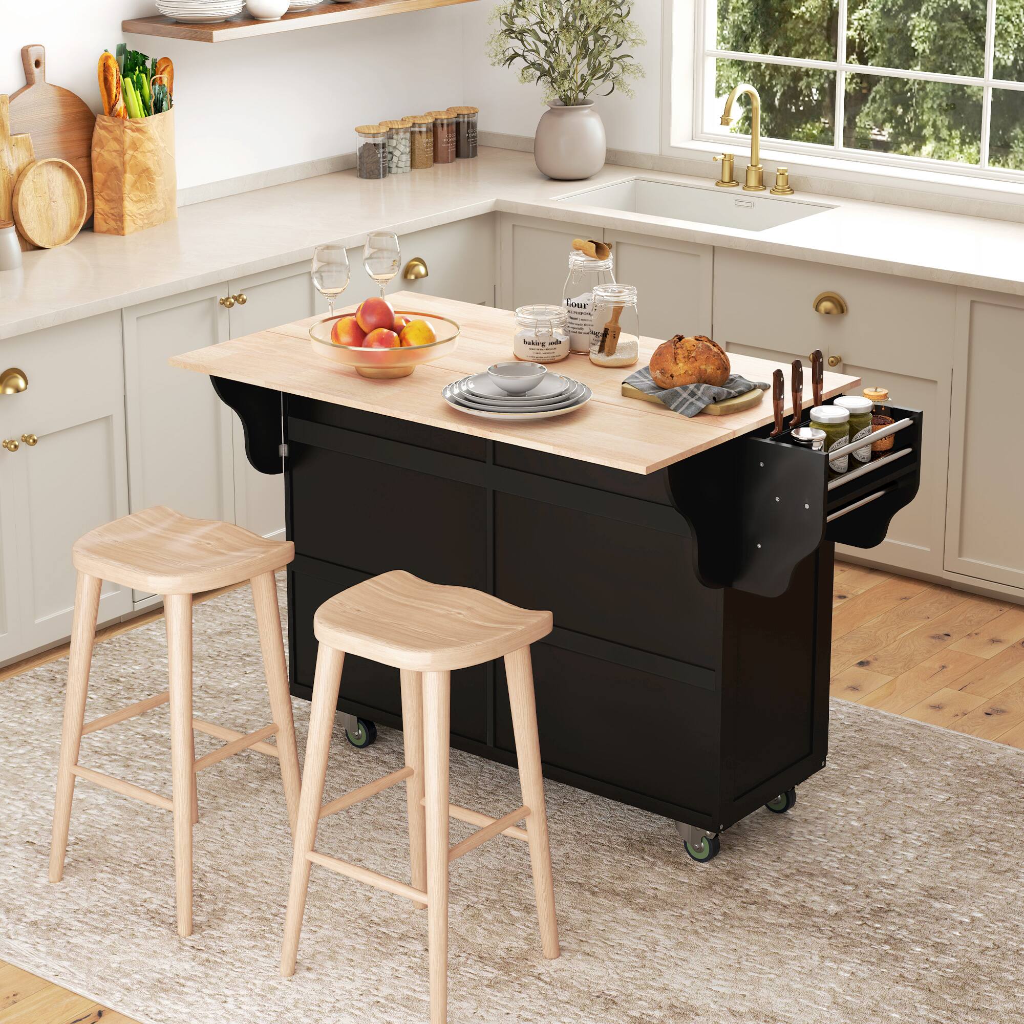 Alt View 1. Homcom - Rolling Kitchen Island Cart with Drop Leaf, Wood Top, 2 Drawers & 2 Storage Cabinets, Island Table (Kitchen/Dining Room) - black.