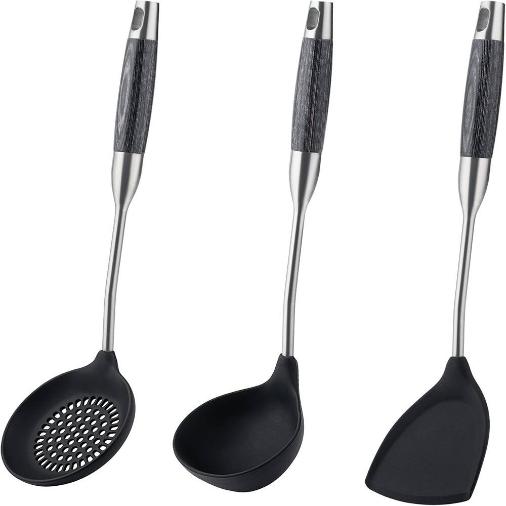Front. RTMB - Stainless steel wok tools, wok utensils, non-stick heat-resistant cooking - Black Stainless Steel-3PCS.