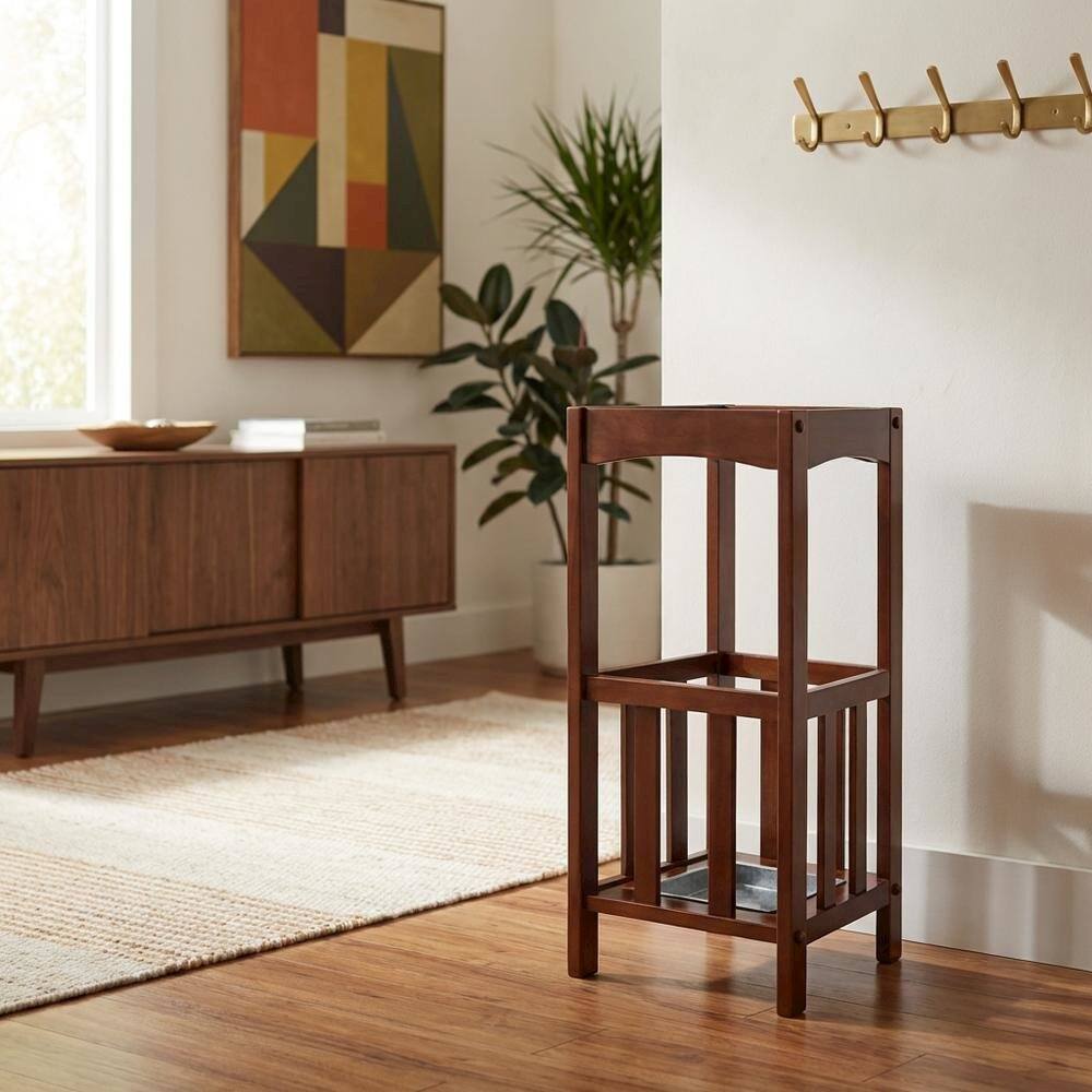 Alt View 4. FurniFact - Umbrella Stand with Metal Tray - Walnut.