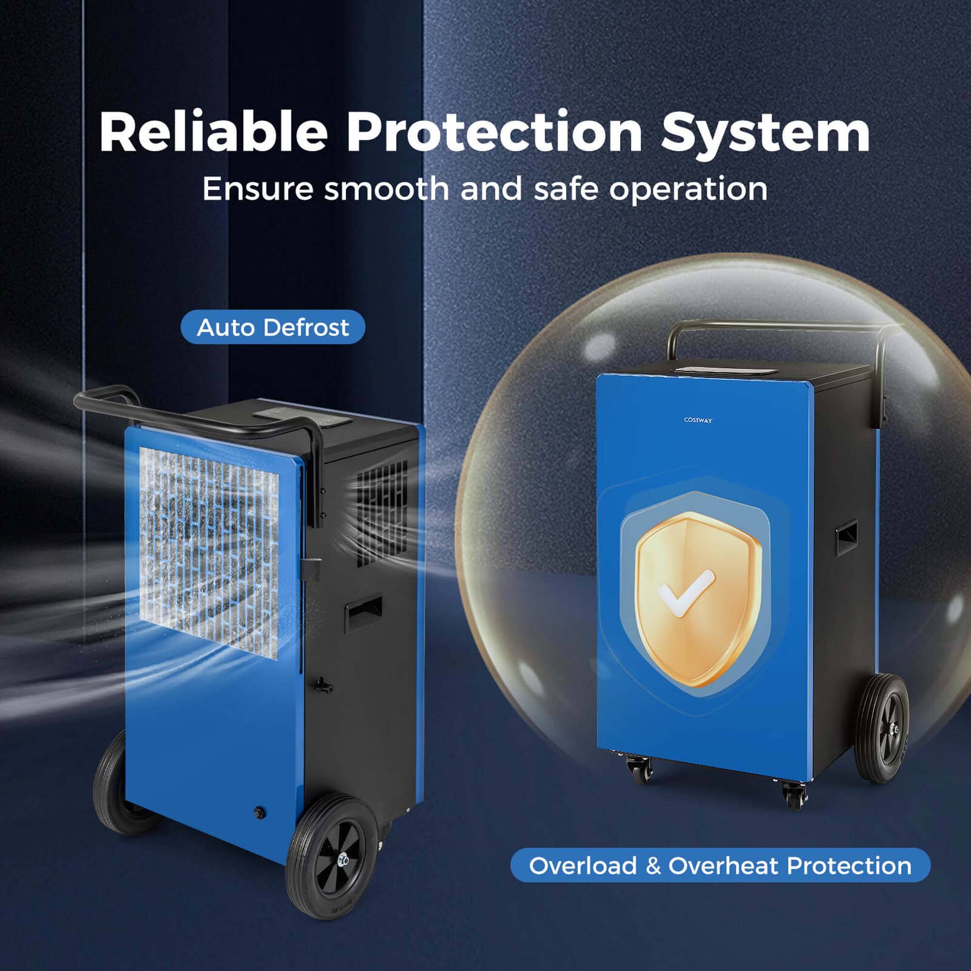 The text on the image is grouped and corrected as follows:

Reliable Protection System: Ensure smooth and safe operation. Auto Defrost Cotton: Overload & Overheat Protection.