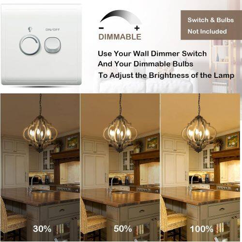 ON/OFF - + DIMMABLE  
Switch & Bulbs Not Included  
Use Your Wall Dimmer Switch And Your Dimmable Bulbs To Adjust the Brightness of the Lamp  
30% 50% 100%
