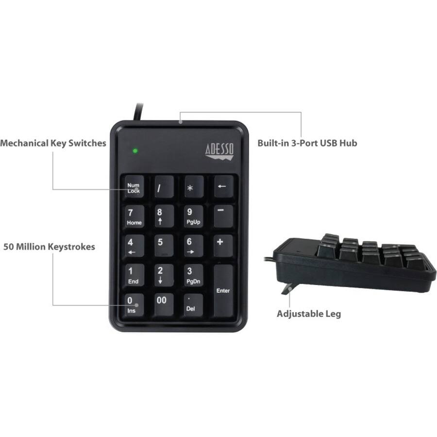 Usb Keypad Lock Adesso 19 Key Mechanical Keypad with 3 Port USB Hub Cable Connectivity ...