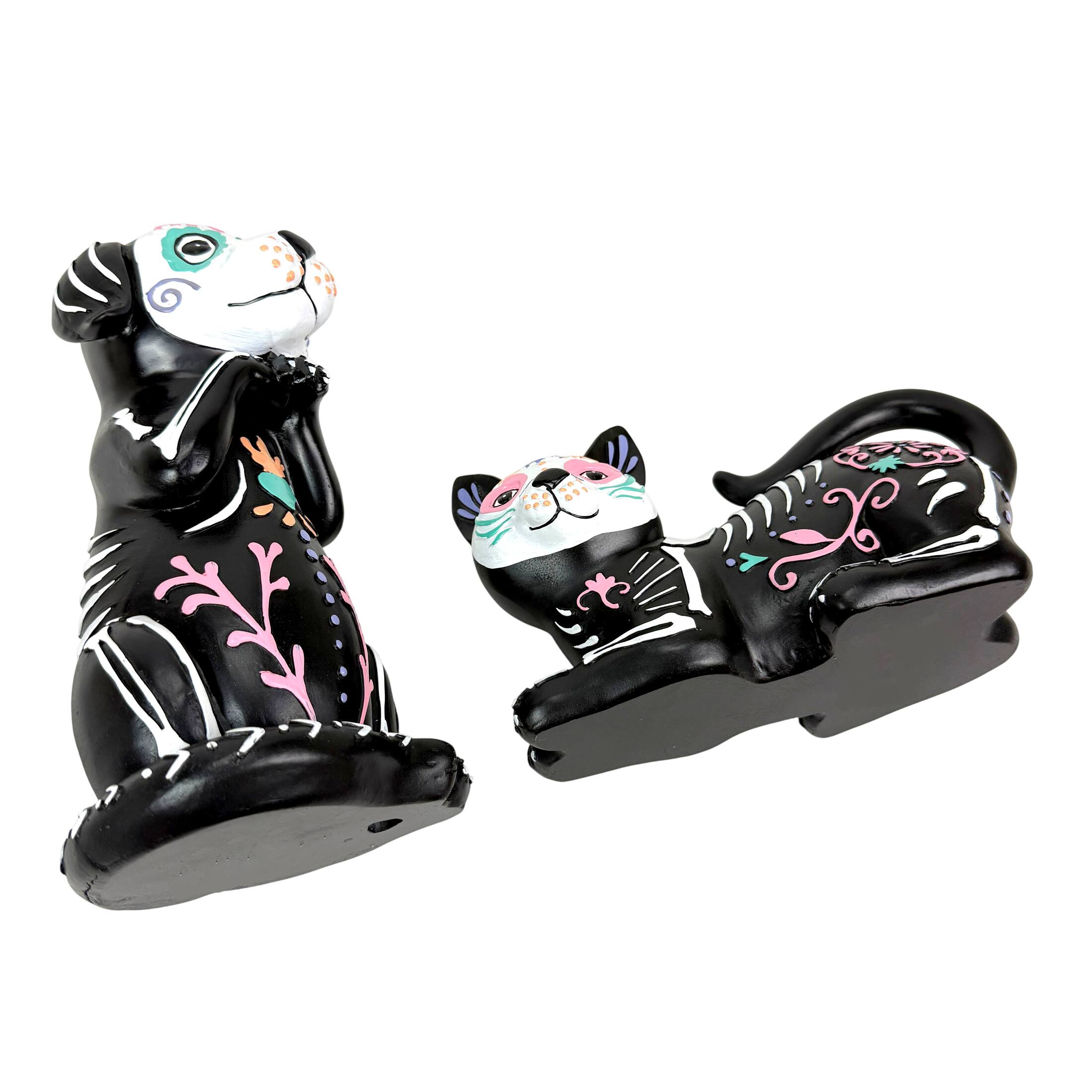 Alt View 2. Things2Die4 - Day of the Dead Cat and Dog Figurine Set 2 Glossy Resin Skeleton Statues - Multicolor.