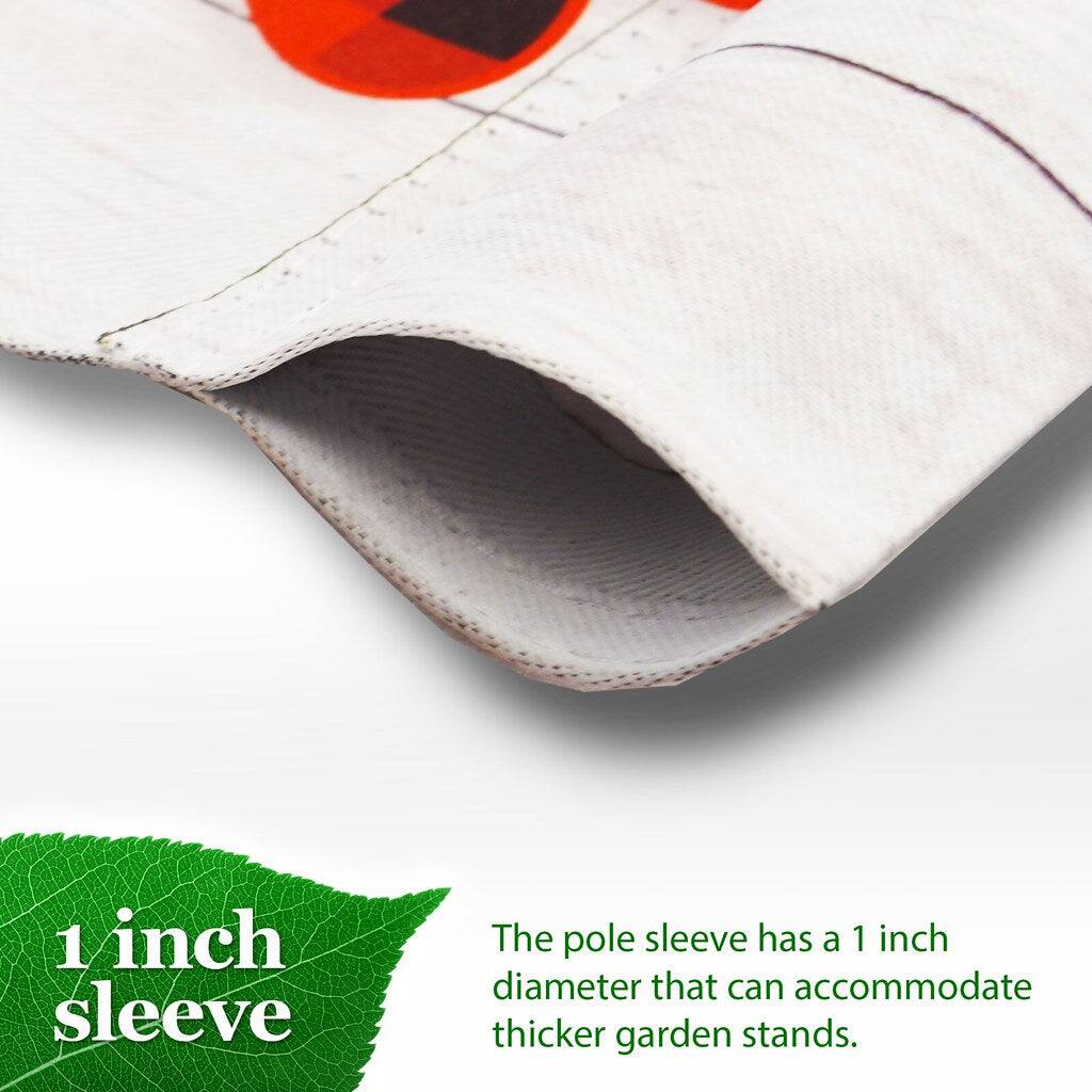 1 inch sleeve

The pole sleeve has a 1 inch diameter that can accommodate thicker garden stands.