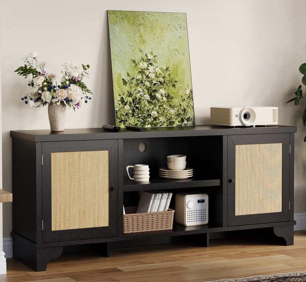 Jojoka - 61.8" Rattan TV Stand for TVs Up to 70 Inches, Boho Entertainment Center with Cabinets & Open Shelves - Black