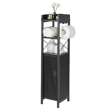 Front. Vecelo - 4-in-1 Bathroom Storage Cabinet with Toilet Paper Holder - Slim Toilet Organizer, Towel Rack & Enclosed Storage - Black.