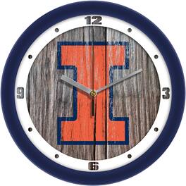 MpDirect - Illinois Fighting Illini 11.5'' Suntime Premium Glass Face Weathered Wood Wall Clock - Multicolor