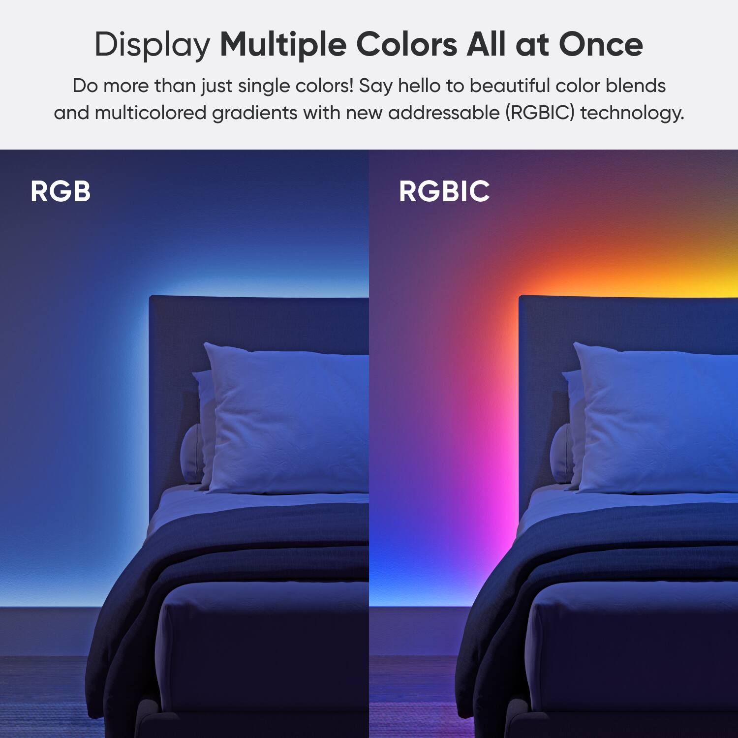 Display Multiple Colors All at Once: Do more than just single colors! Say hello to beautiful color blends and multicolored gradients with new addressable (RGBIC) technology. RGB RGBIC