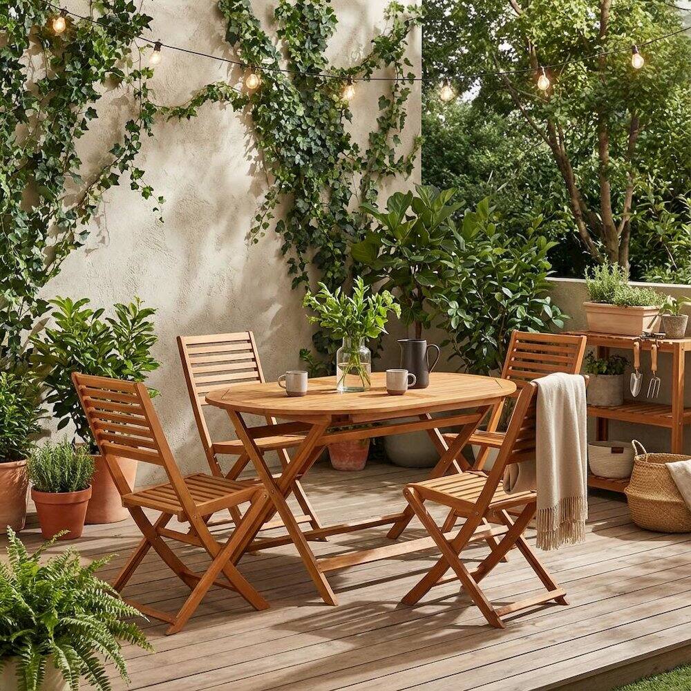 Alt View 3. Outdoor Escape - Oil-Finish Wooden Patio Dining Table Set with 4 Outdoor Chairs - Brown.