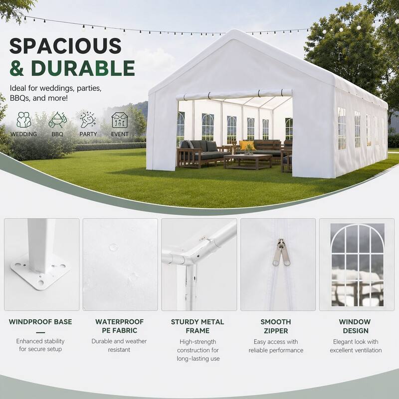 SPACIOUS & DURABLE  
Ideal for weddings, parties, BBQs, and more!  
WEDDING  
BBQ  
PARTY  
EVENT  

WINDPROOF BASE - Enhanced stability for secure setup  
WATERPROOF PE FABRIC - Durable and weather resistant  
STURDY METAL FRAME - High-strength construction for long-lasting use  
SMOOTH ZIPPER - Easy access with reliable performance  
WINDOW DESIGN - Elegant look with excellent ventilation