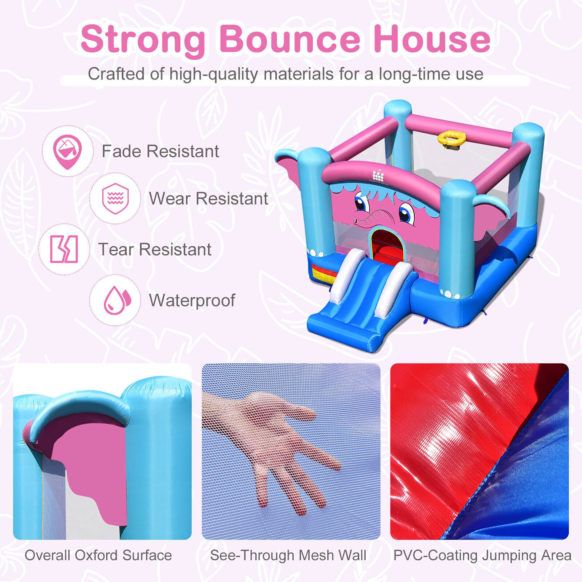 Strong Bounce House  
Crafted of high-quality materials for a long-time use  

- Fade Resistant  
- Wear Resistant  
- Tear Resistant  
- Waterproof  

Overall Oxford Surface  
See-Through Mesh Wall  
PVC-Coating Jumping Area