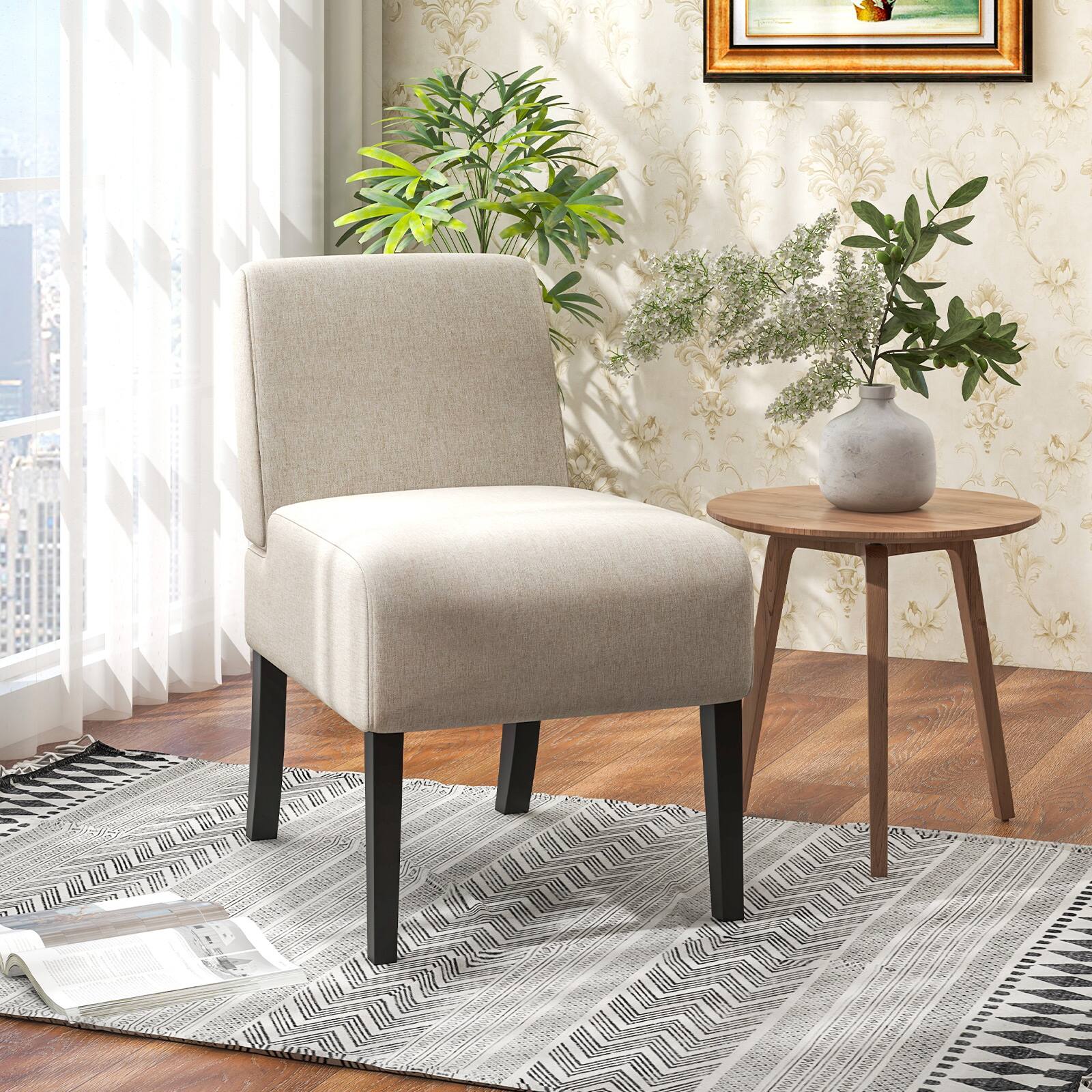 Alt View 2. Sugift - Upholstered Living Room Chair with Rubber Wood Legs - Beige/Khaki.