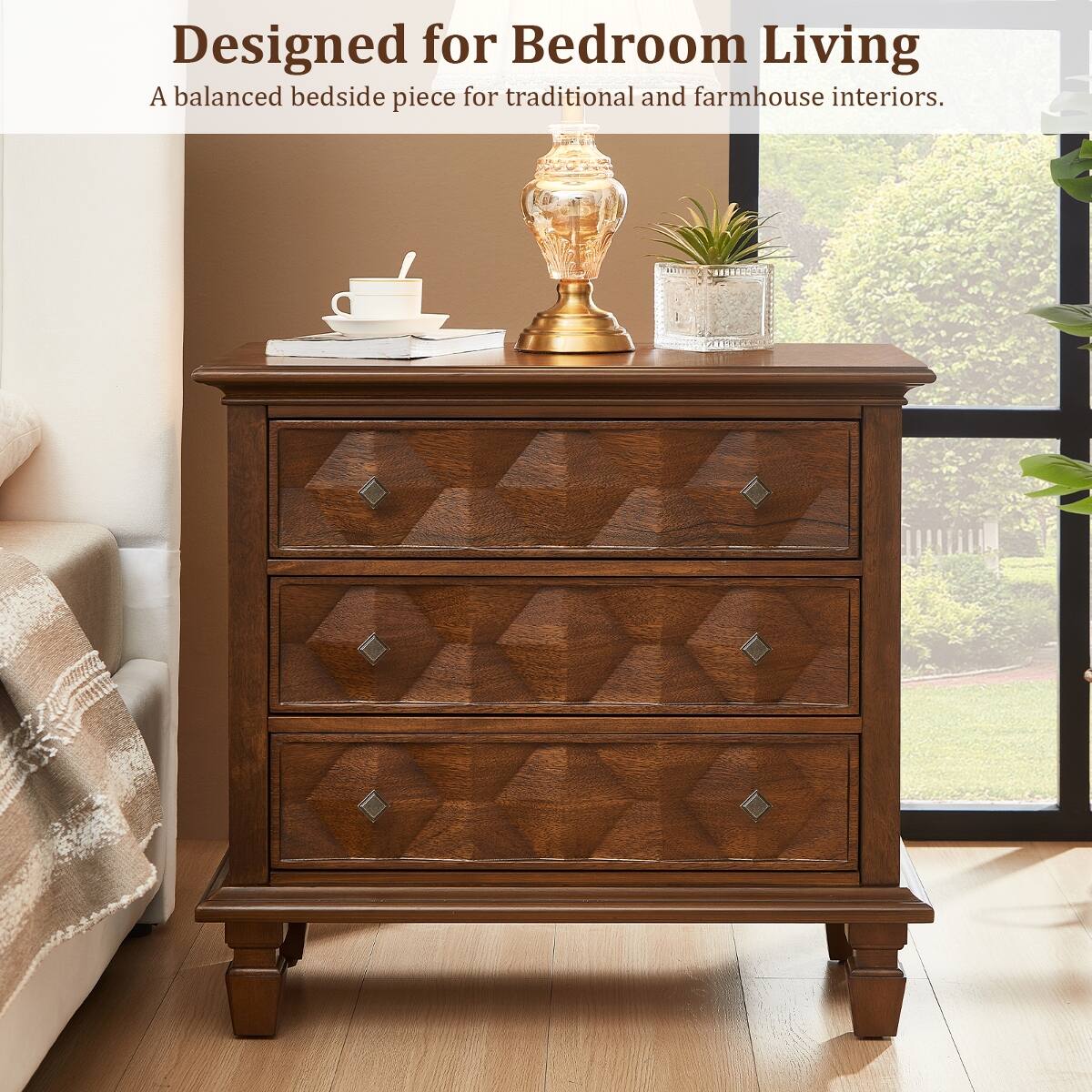 Designed for Bedroom Living  
A balanced bedside piece for traditional and farmhouse interiors.