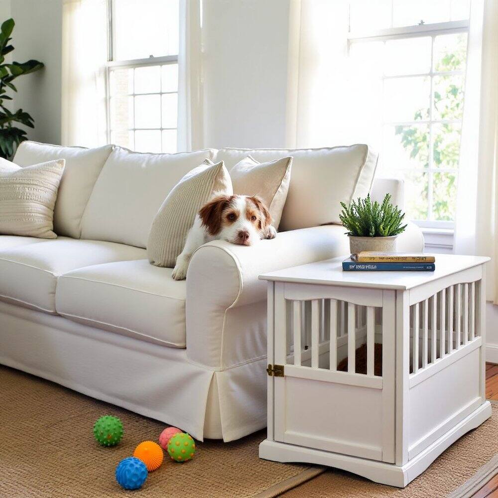 Alt View 3. FurniFact - White Dog Kennel Furniture with Lockable Gate - White.
