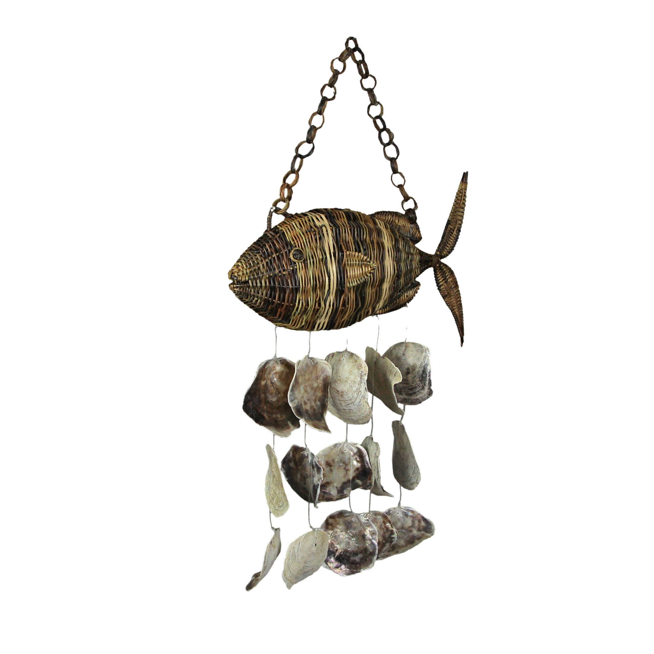 Alt View 1. J.D. Yeatts - Large Woven Rattan Fish Shaped Capiz Shell Wind Chime 31 Inches High - Brown.