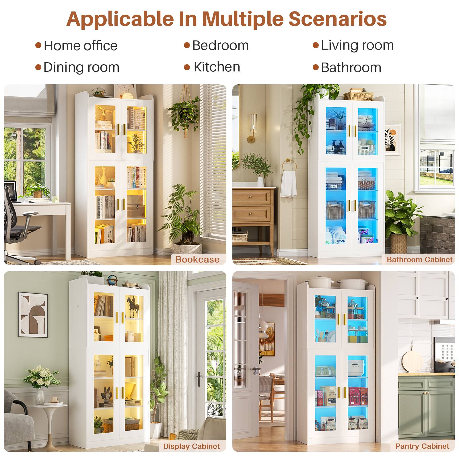 Applicable In Multiple Scenarios

- Home office
- Dining room
- Bedroom
- Kitchen
- Living room
- Bathroom

Bookcase  
Display Cabinet  
Bathroom Cabinet  
Pantry Cabinet