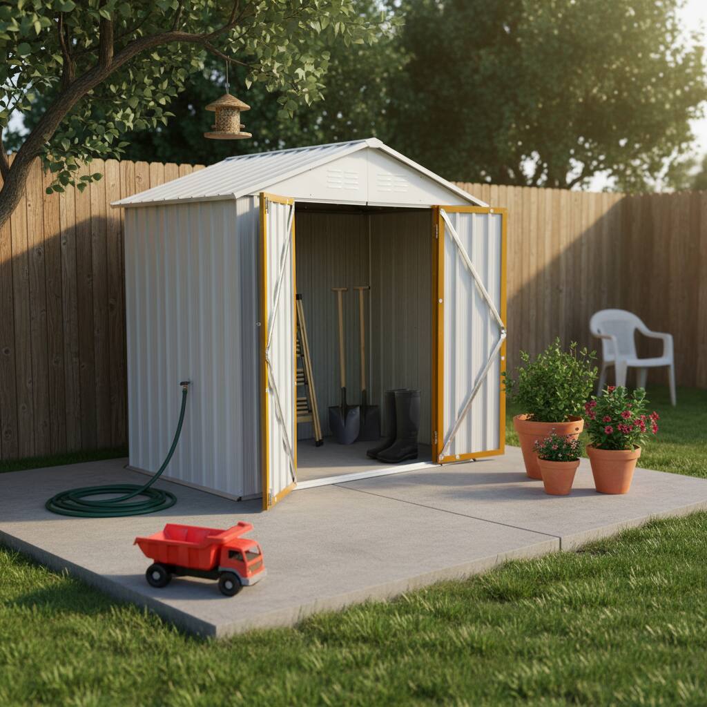 Angle. Anysun - 6x4 Ft Metal Outdoor Storage Shed with Apex Roof, White & Yellow Garden Tool Shed for Backyard or Patio - White.