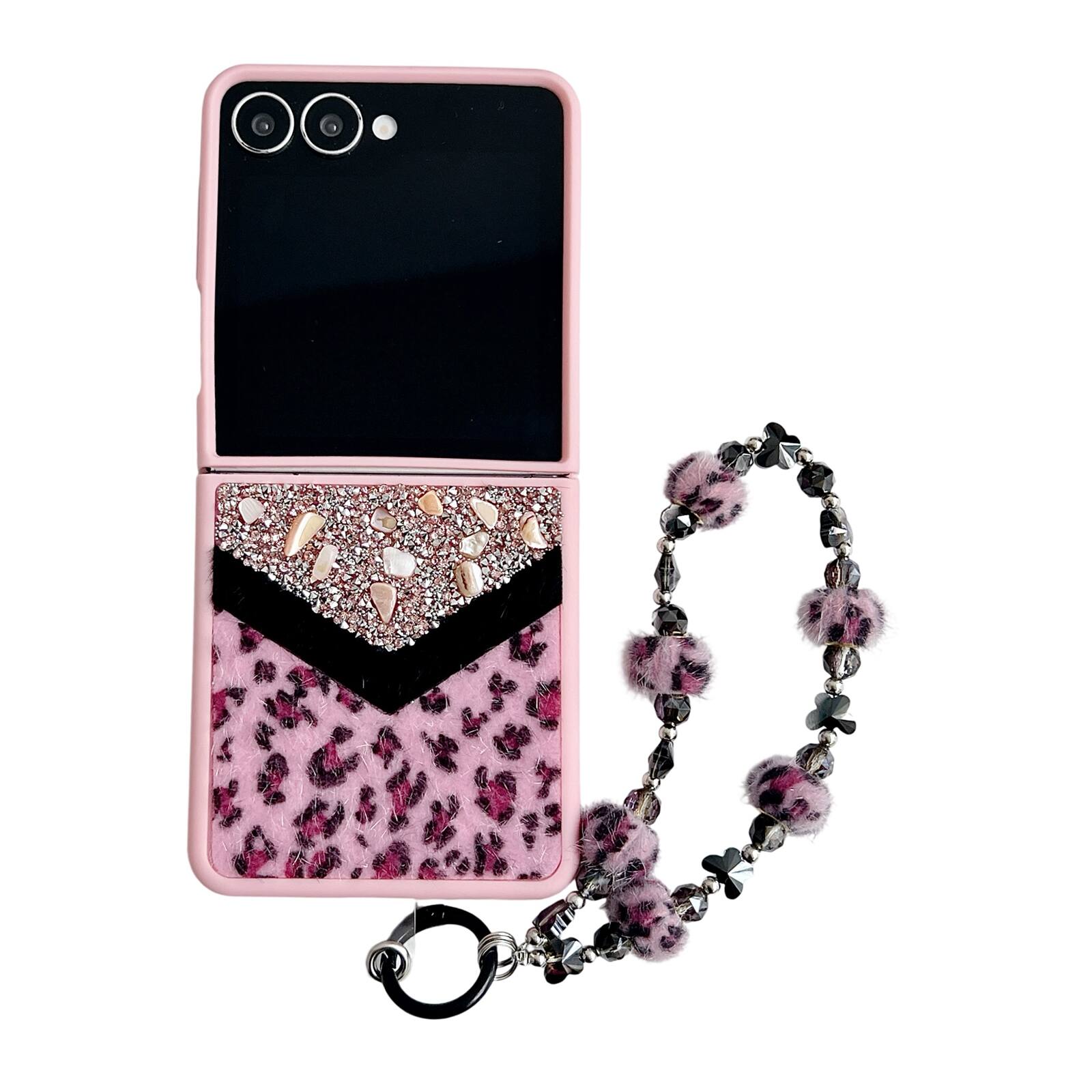 Left. Dteck - Shockproof Phone Case for Samsung Galaxy Z Flip7 with Beaded Wrist Strap, Glitter Rhinestone Hard PC Protective Cover - Pink.