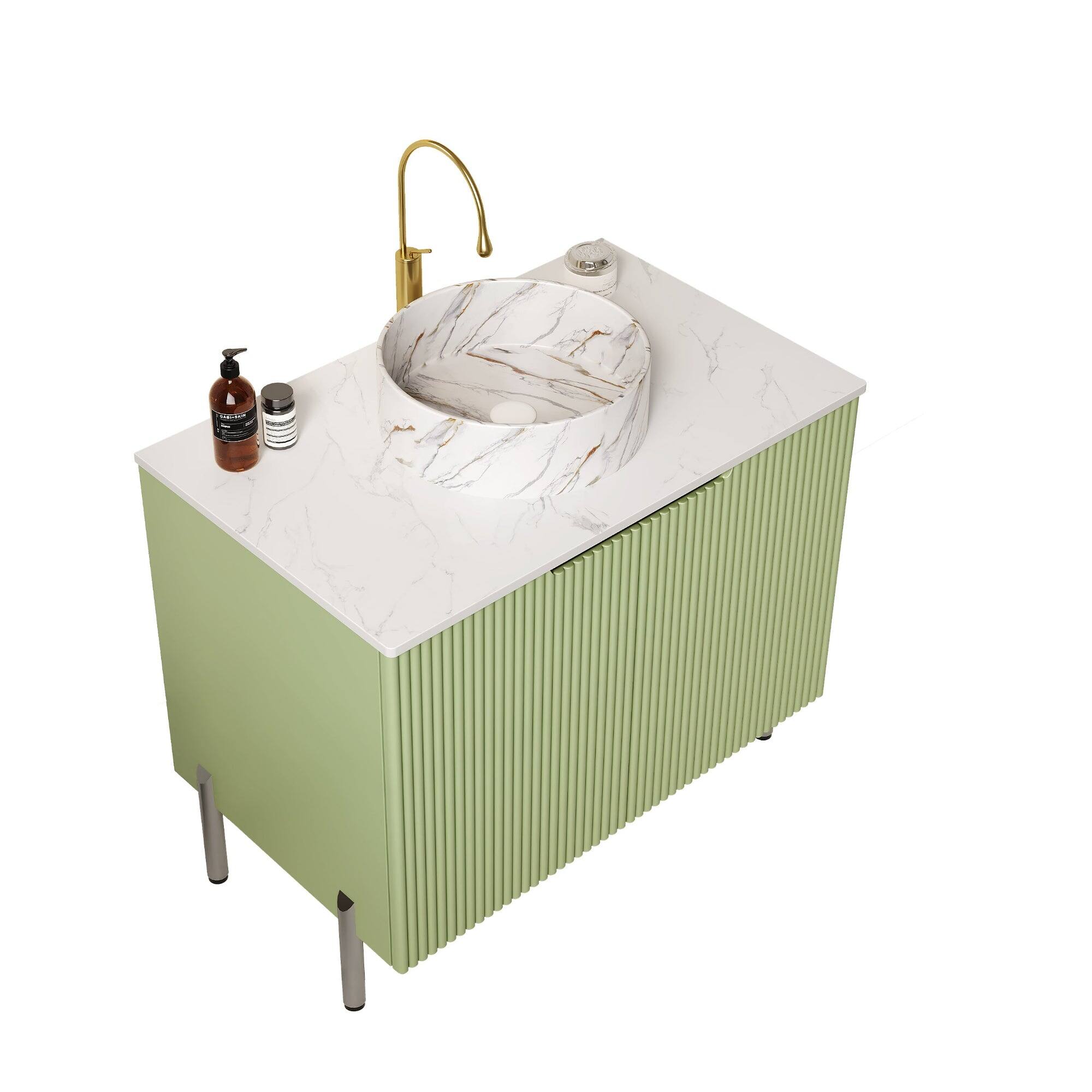 Alt View 3. Boyel Living - 30 Bathroom Vanity with 2 Doors White Round Ceramic Basin Stone Pattern Carrara White Top Light Green - Light Green,White.