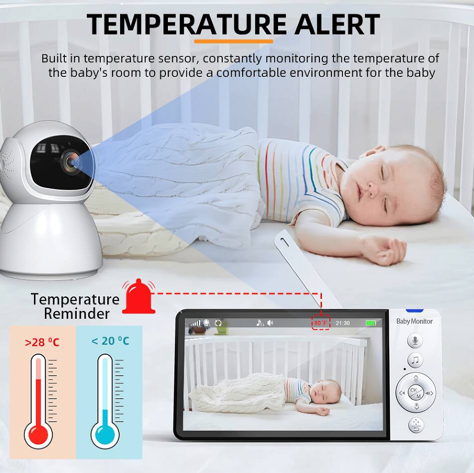 **TEMPERATURE ALERT**

Built-in temperature sensor, constantly monitoring the temperature of the baby's room to provide a comfortable environment for the baby.

**Temperature Reminder**

- >28°C
- <20°C

**Baby Monitor**

- 80°F
- 21:30